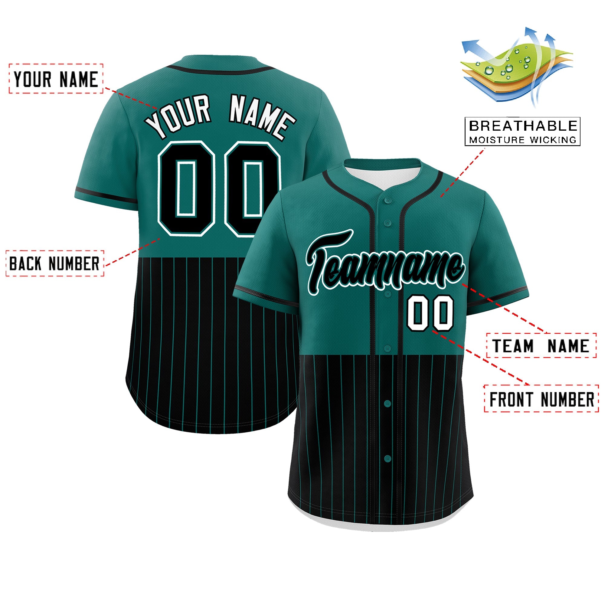 Custom Aqua Black Personalized Half Stripe Design Authentic Baseball Jersey