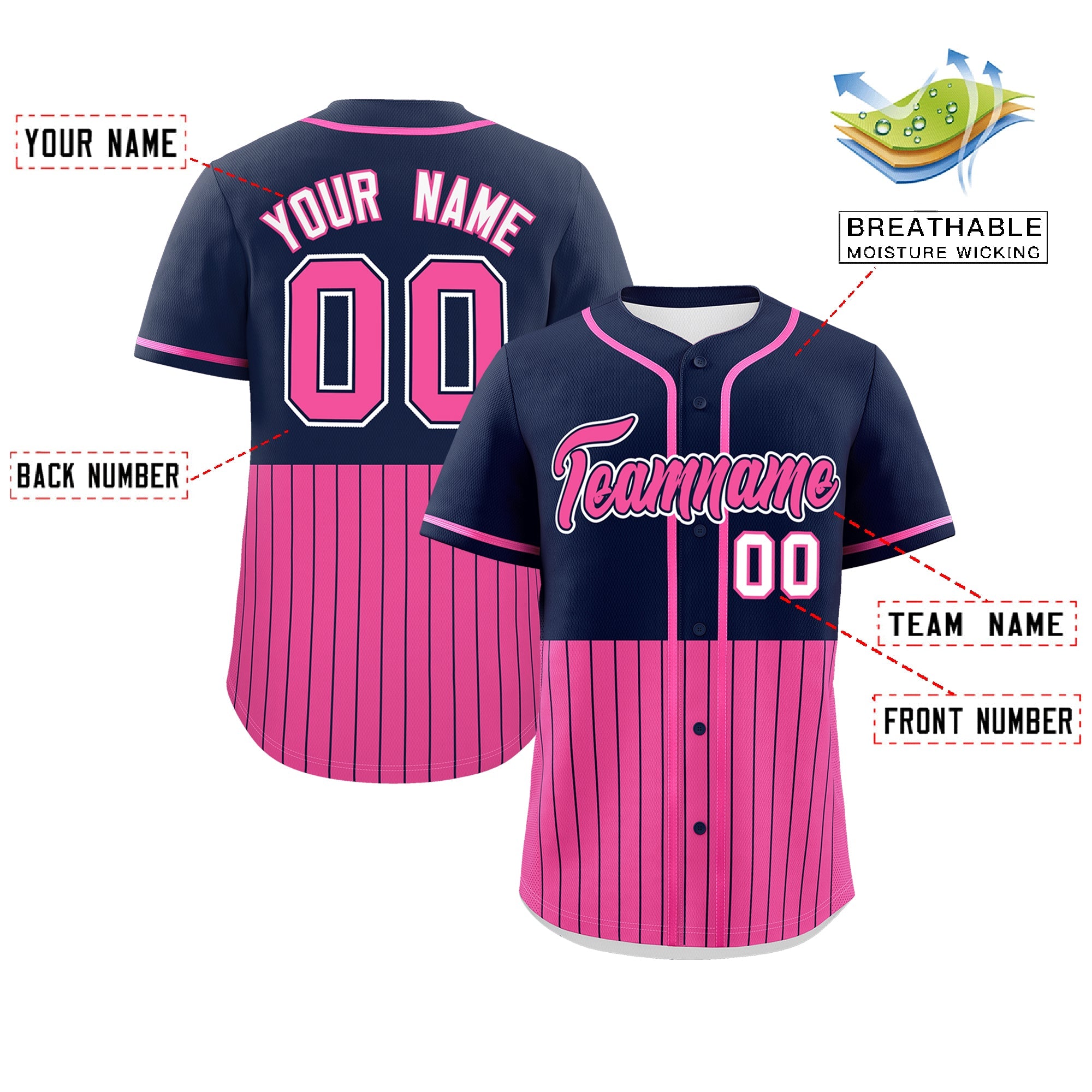 Custom Navy Pink Personalized Half Stripe Design Authentic Baseball Jersey