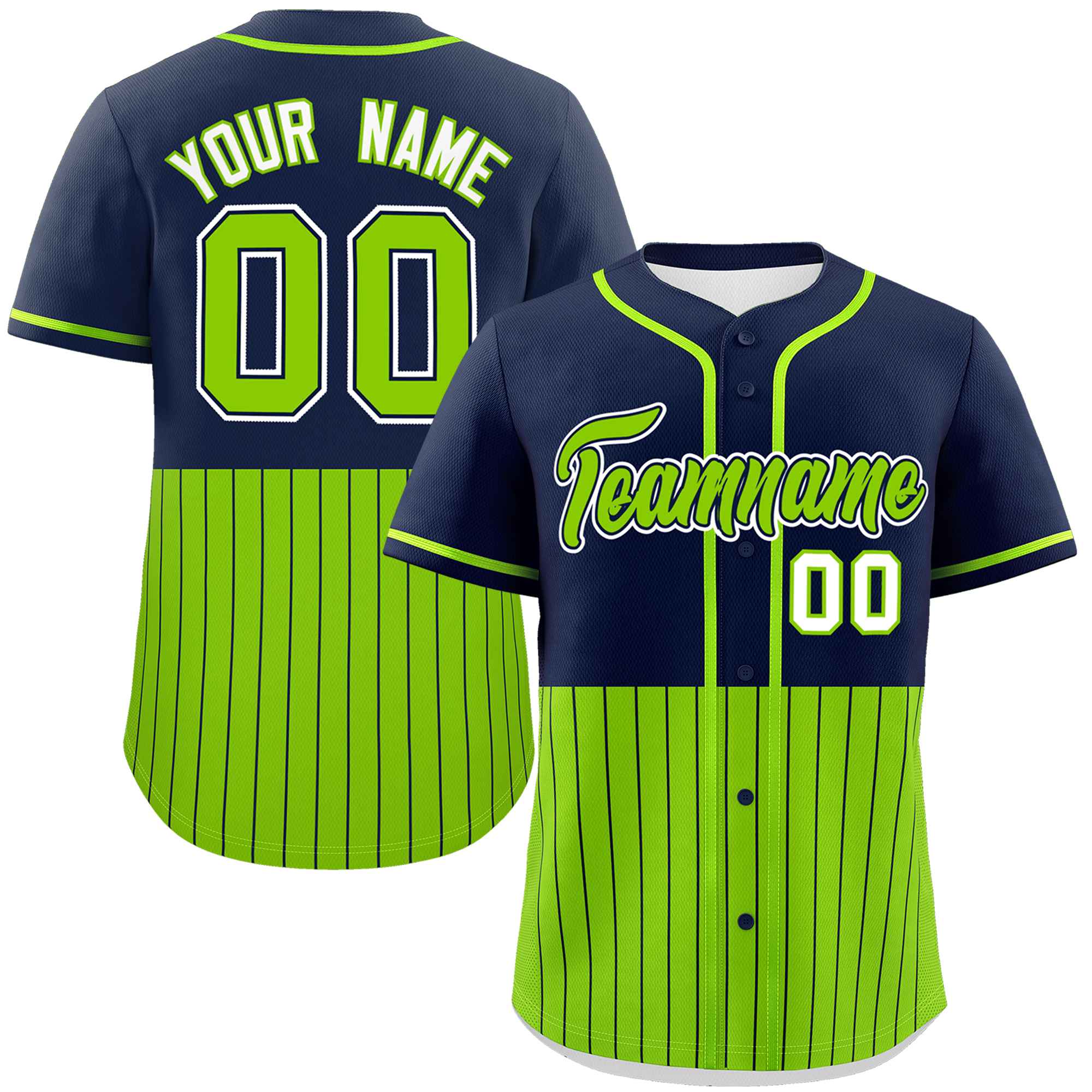 Custom Navy Neon Green Personalized Half Stripe Design Authentic Baseball Jersey