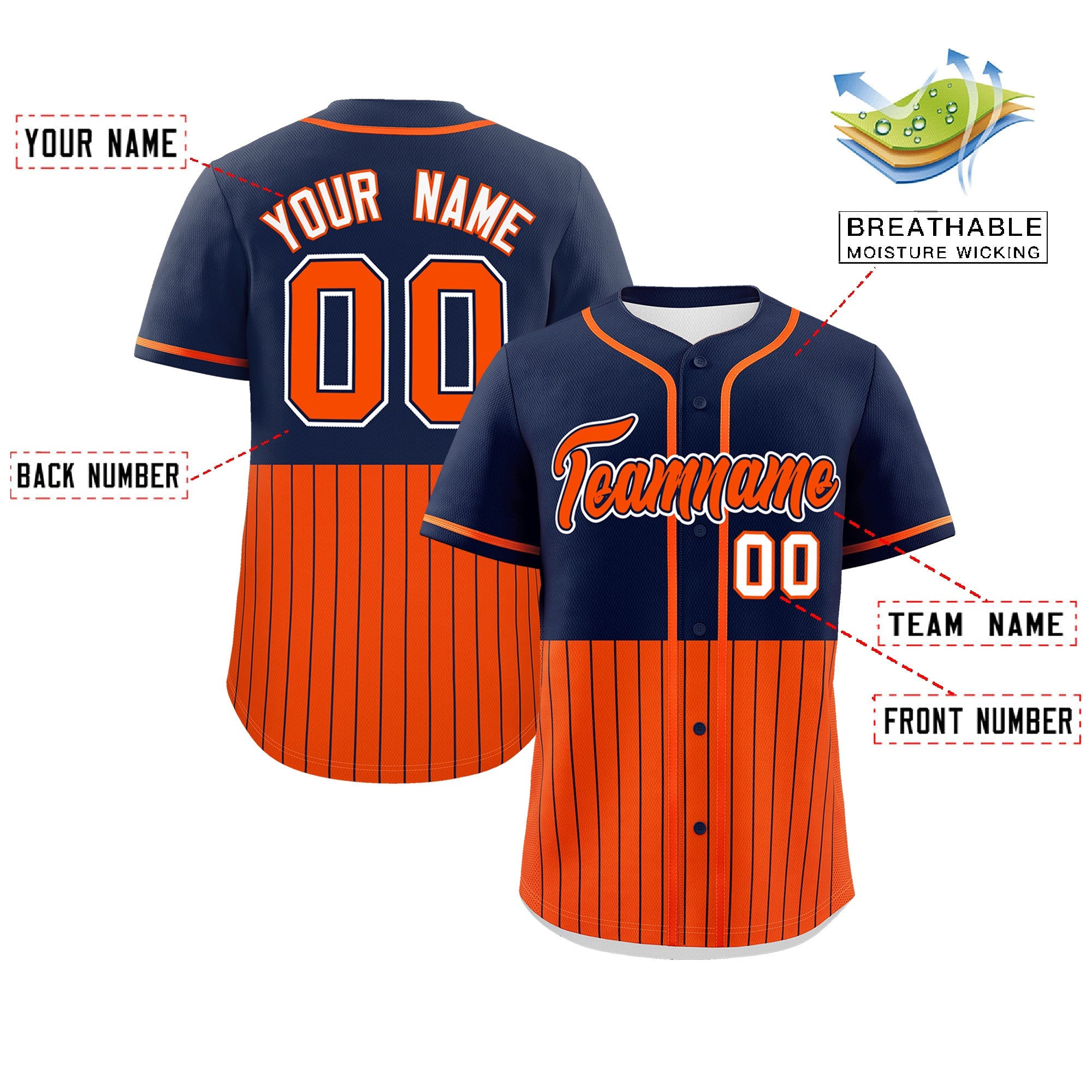 Custom Navy Orange Personalized Half Stripe Design Authentic Baseball Jersey