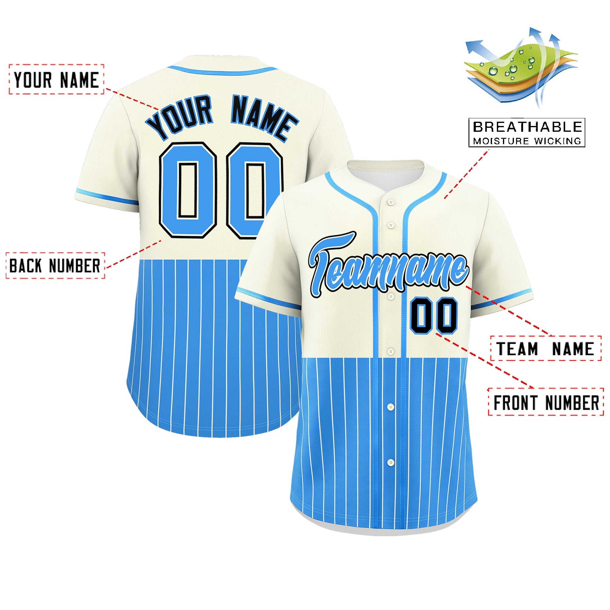 Custom Cream Powder Blue Personalized Half Stripe Design Authentic Baseball Jersey