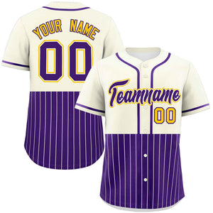 Custom Cream Purple Personalized Half Stripe Design Authentic Baseball Jersey