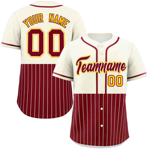 Custom Cream Crimson Personalized Half Stripe Design Authentic Baseball Jersey