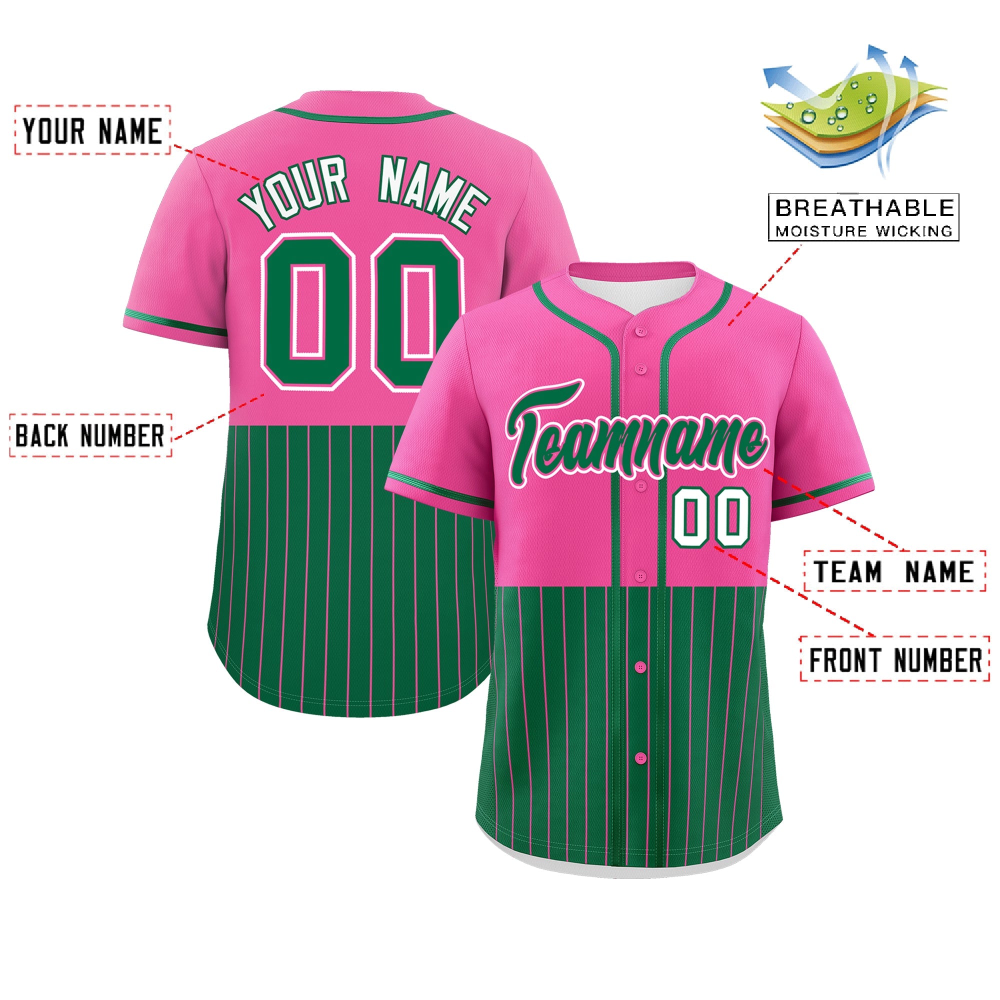 Custom Pink Kelly Green Personalized Half Stripe Design Authentic Baseball Jersey