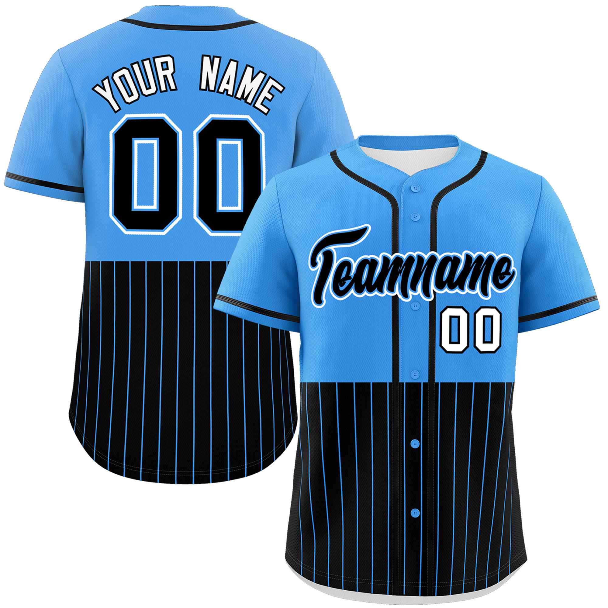 Custom Powder Blue Black Personalized Half Stripe Design Authentic Baseball Jersey