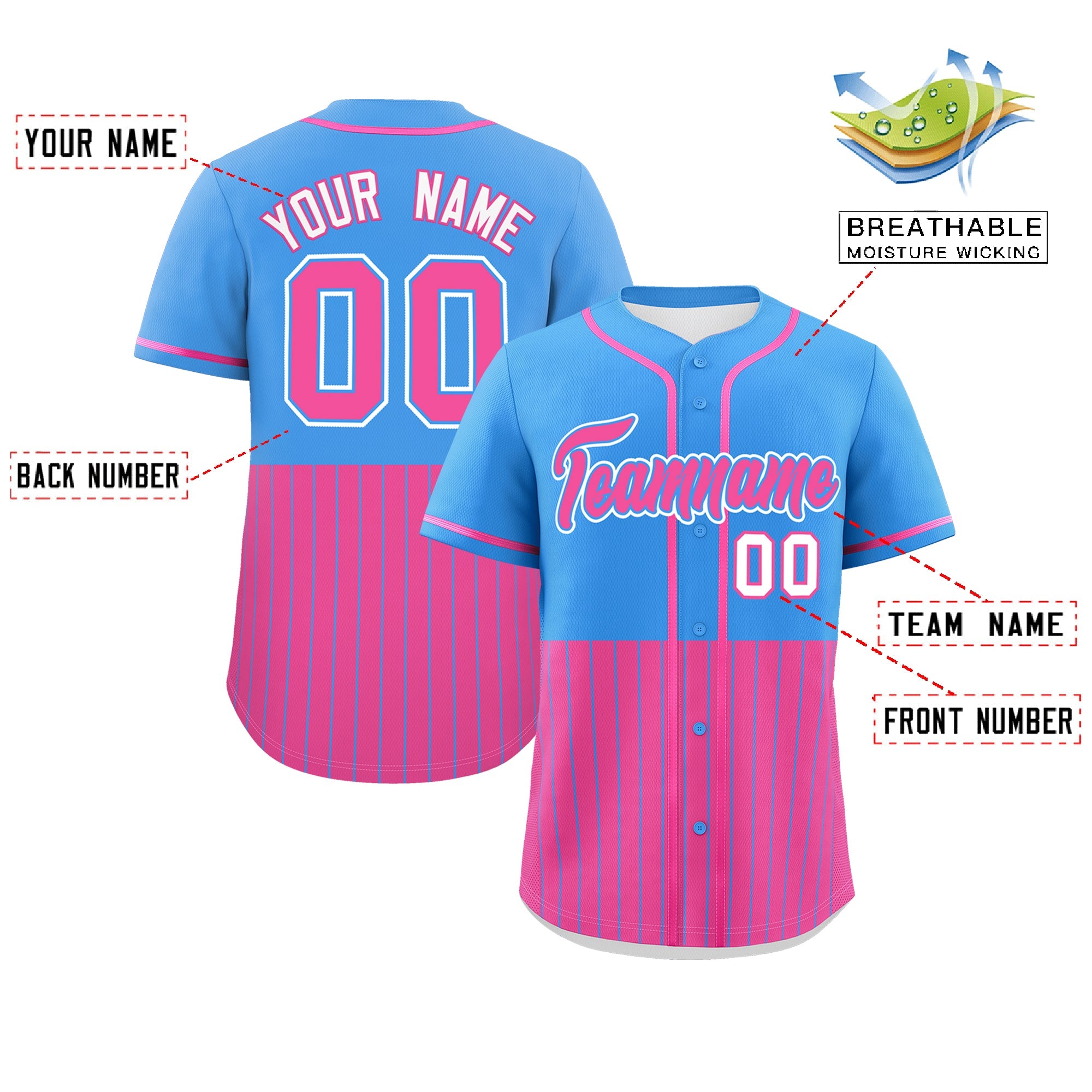 Custom Powder Blue Pink Personalized Half Stripe Design Authentic Baseball Jersey