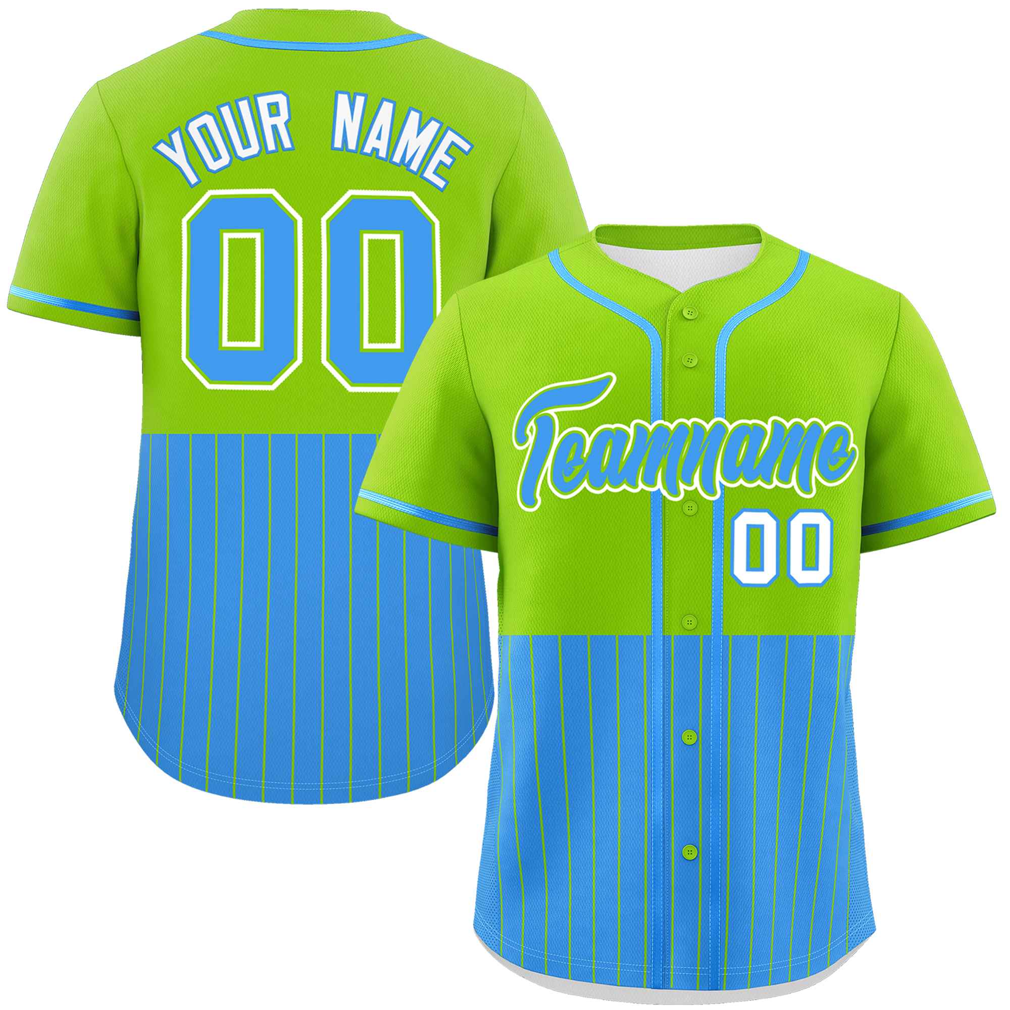 Custom Neon Green Powder Blue Personalized Half Stripe Design Authentic Baseball Jersey