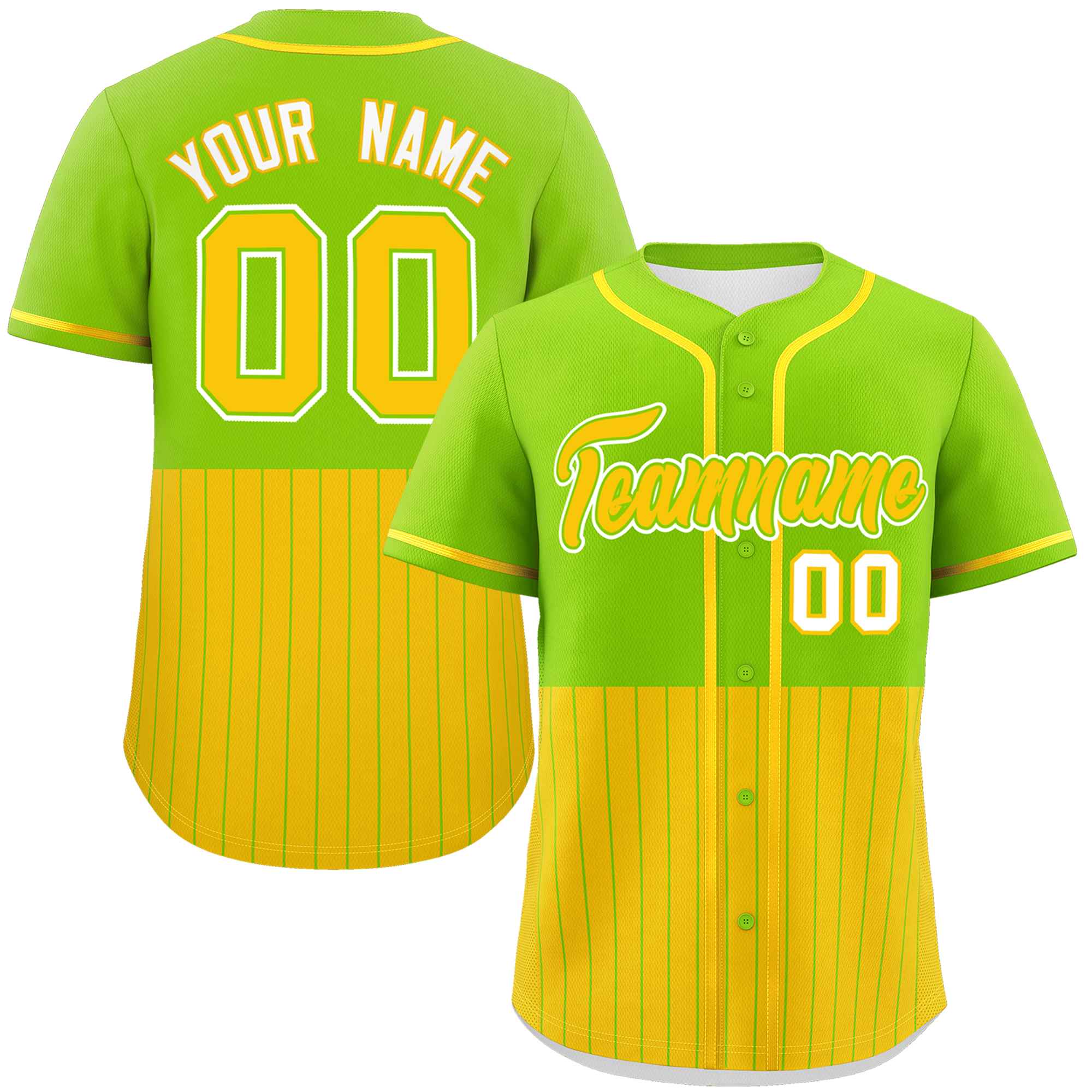 Custom Neon Green Gold Personalized Half Stripe Design Authentic Baseball Jersey