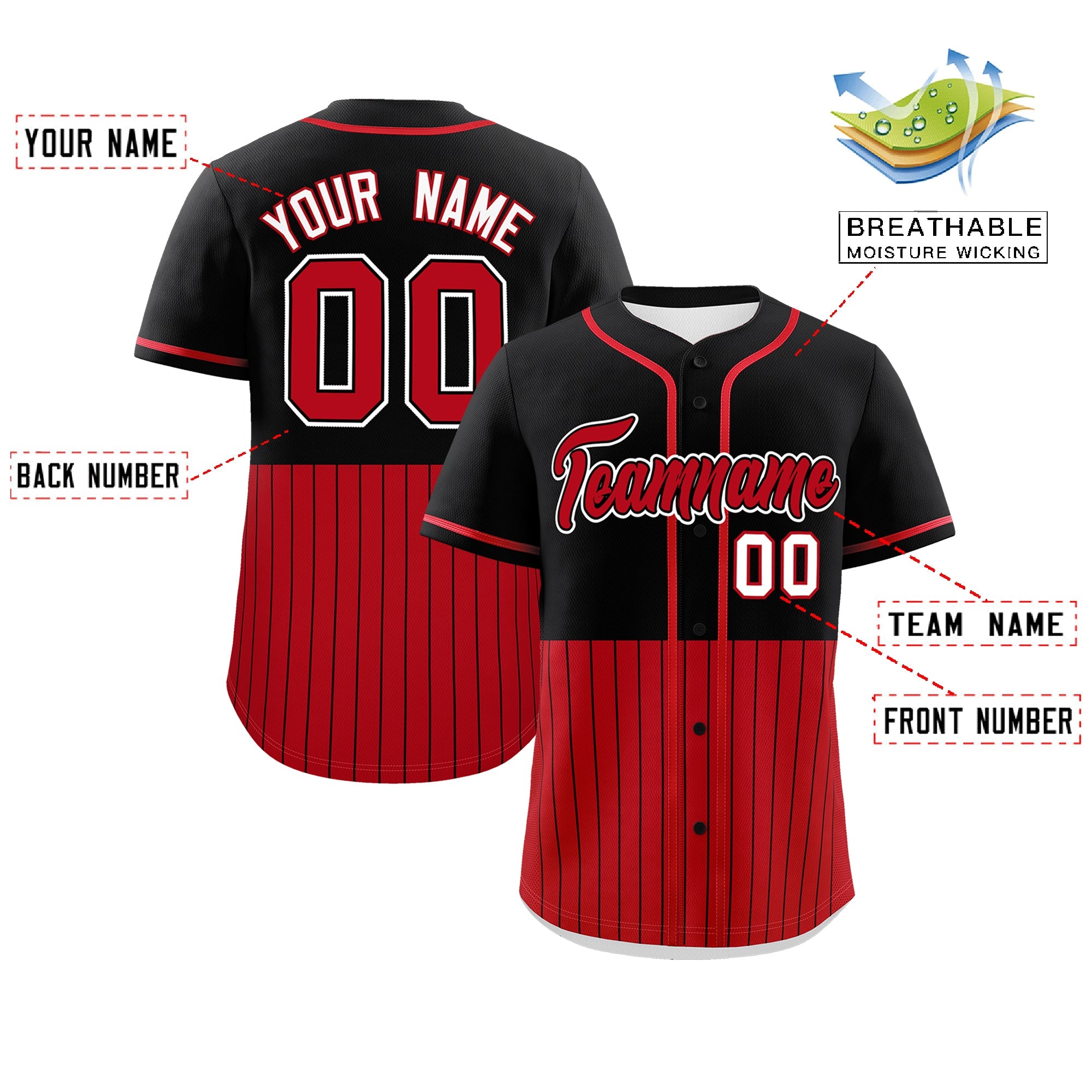 Custom Black Red Personalized Half Stripe Design Authentic Baseball Jersey