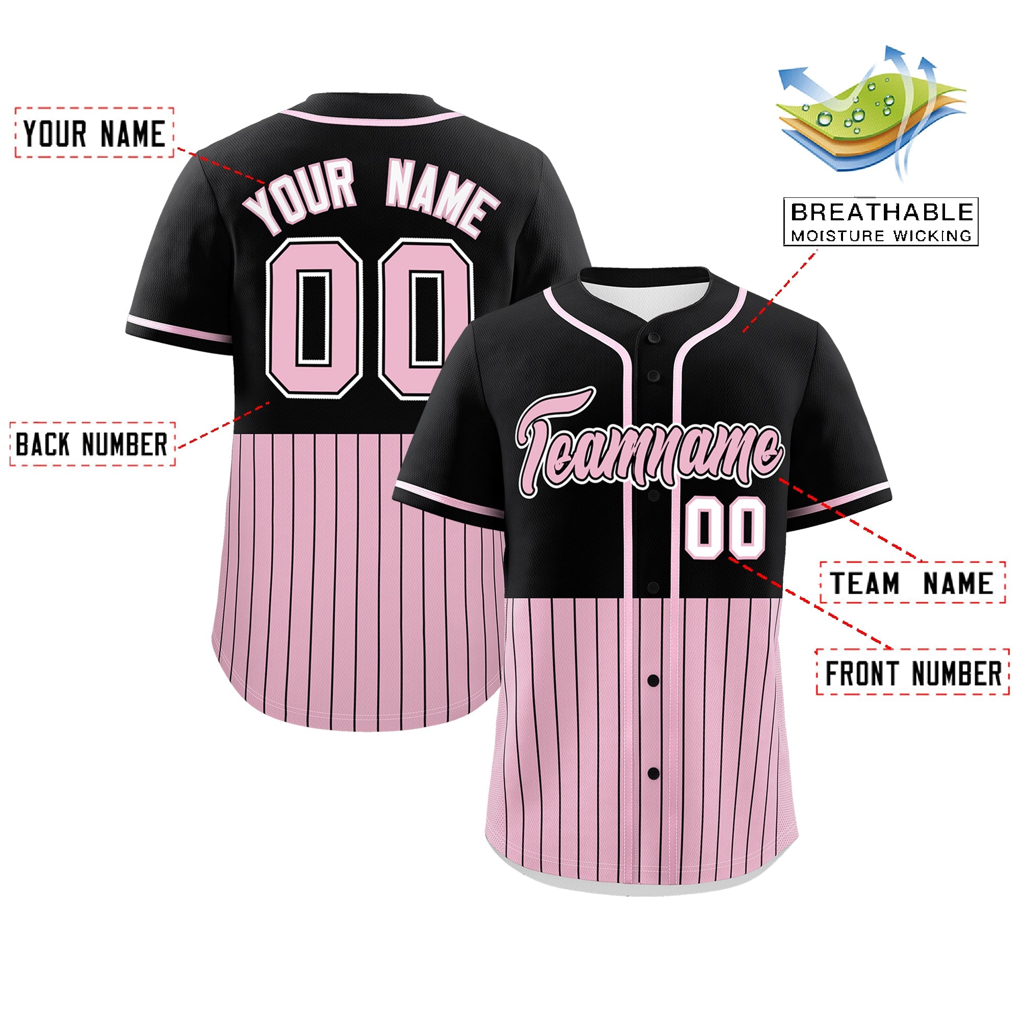 Custom Black Light Pink Personalized Half Stripe Design Authentic Baseball Jersey