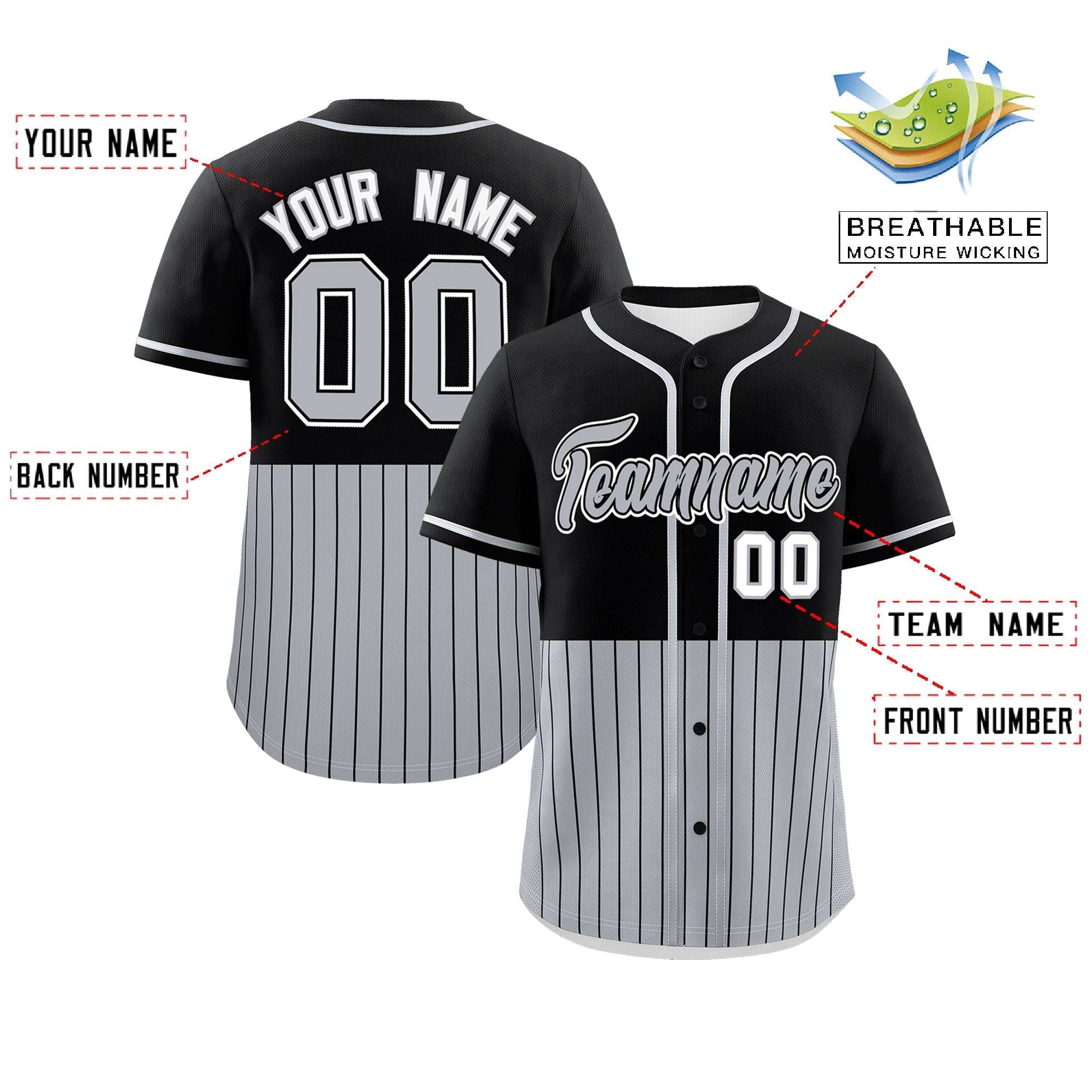 Custom Black Gray Personalized Half Stripe Design Authentic Baseball Jersey