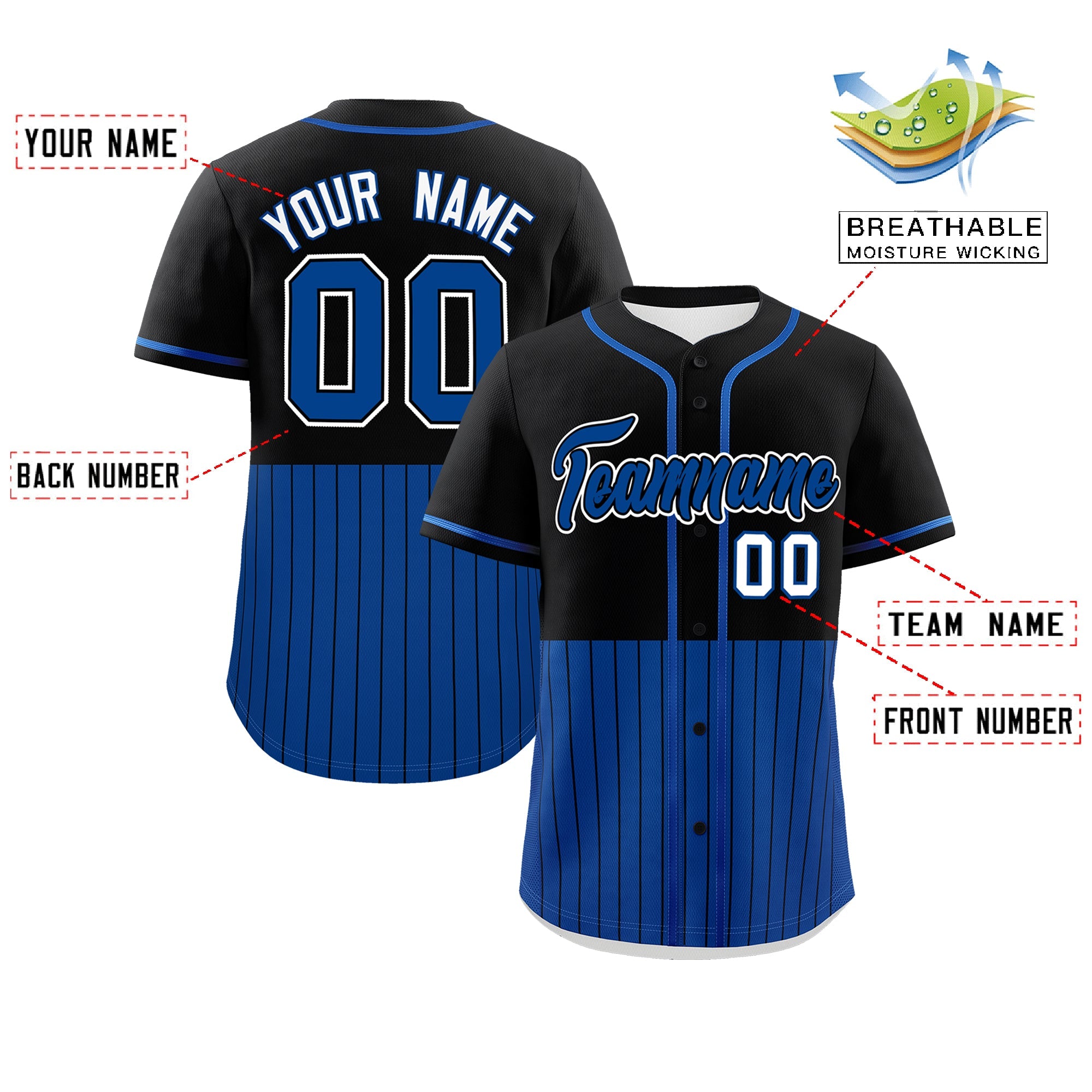 Custom Black Royal Personalized Half Stripe Design Authentic Baseball Jersey