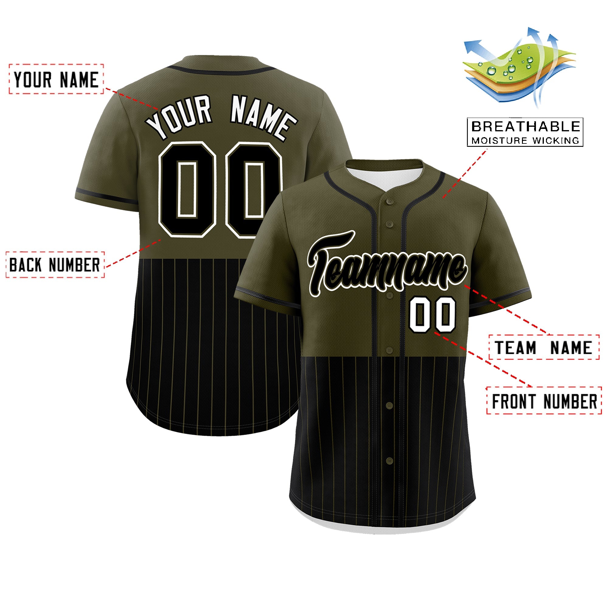 Custom Olive Black Personalized Half Stripe Design Authentic Baseball Jersey