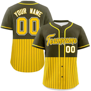 Custom Olive Gold Personalized Half Stripe Design Authentic Baseball Jersey