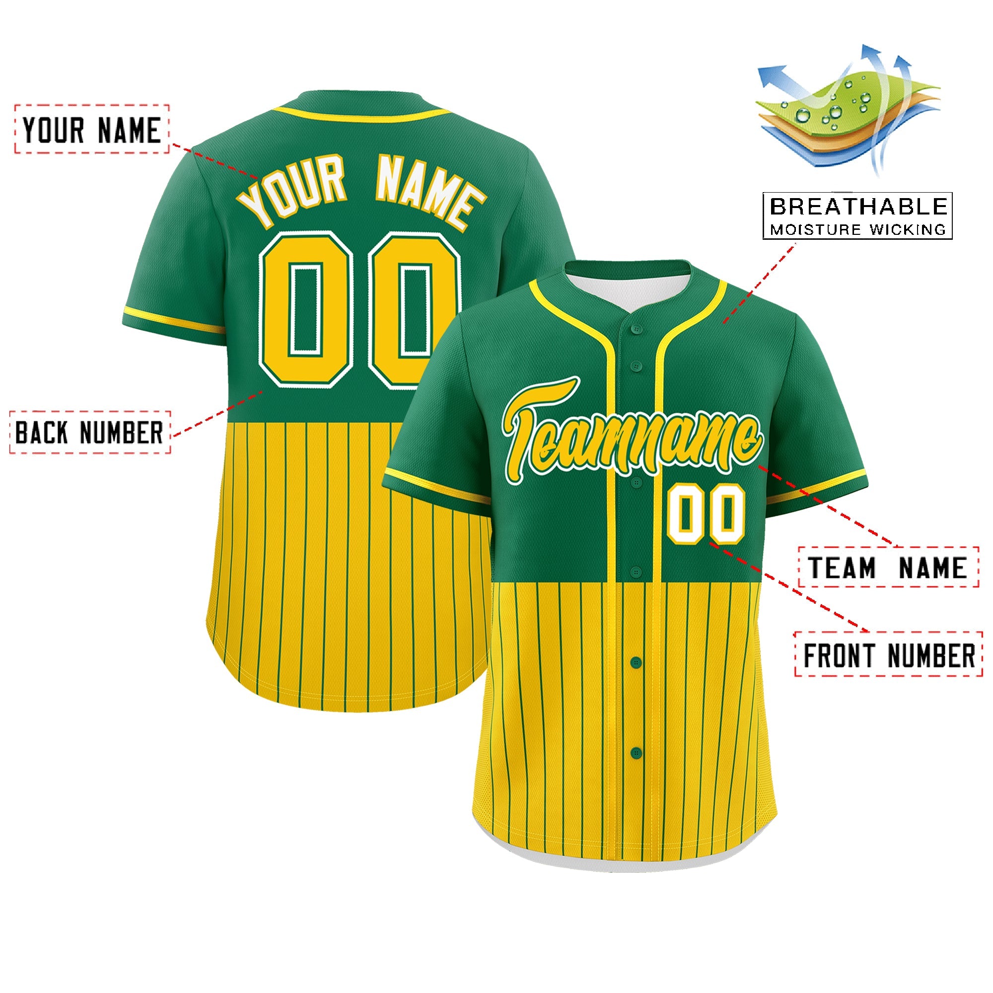 Custom Kelly Green Gold Personalized Half Stripe Design Authentic Baseball Jersey