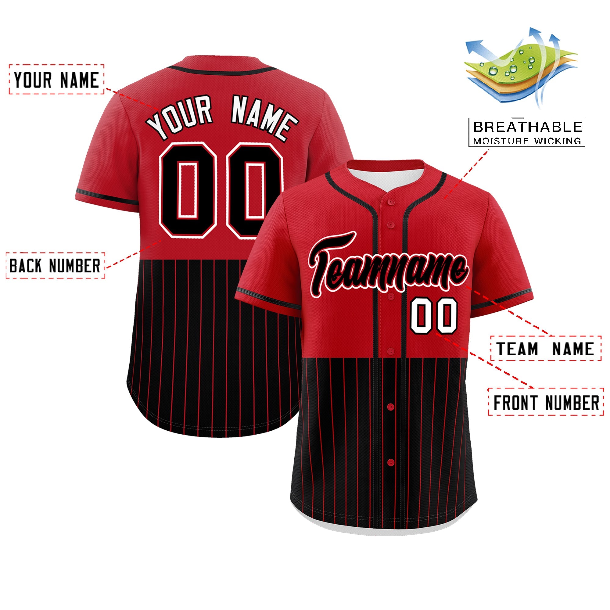 Custom Red Black Personalized Half Stripe Design Authentic Baseball Jersey