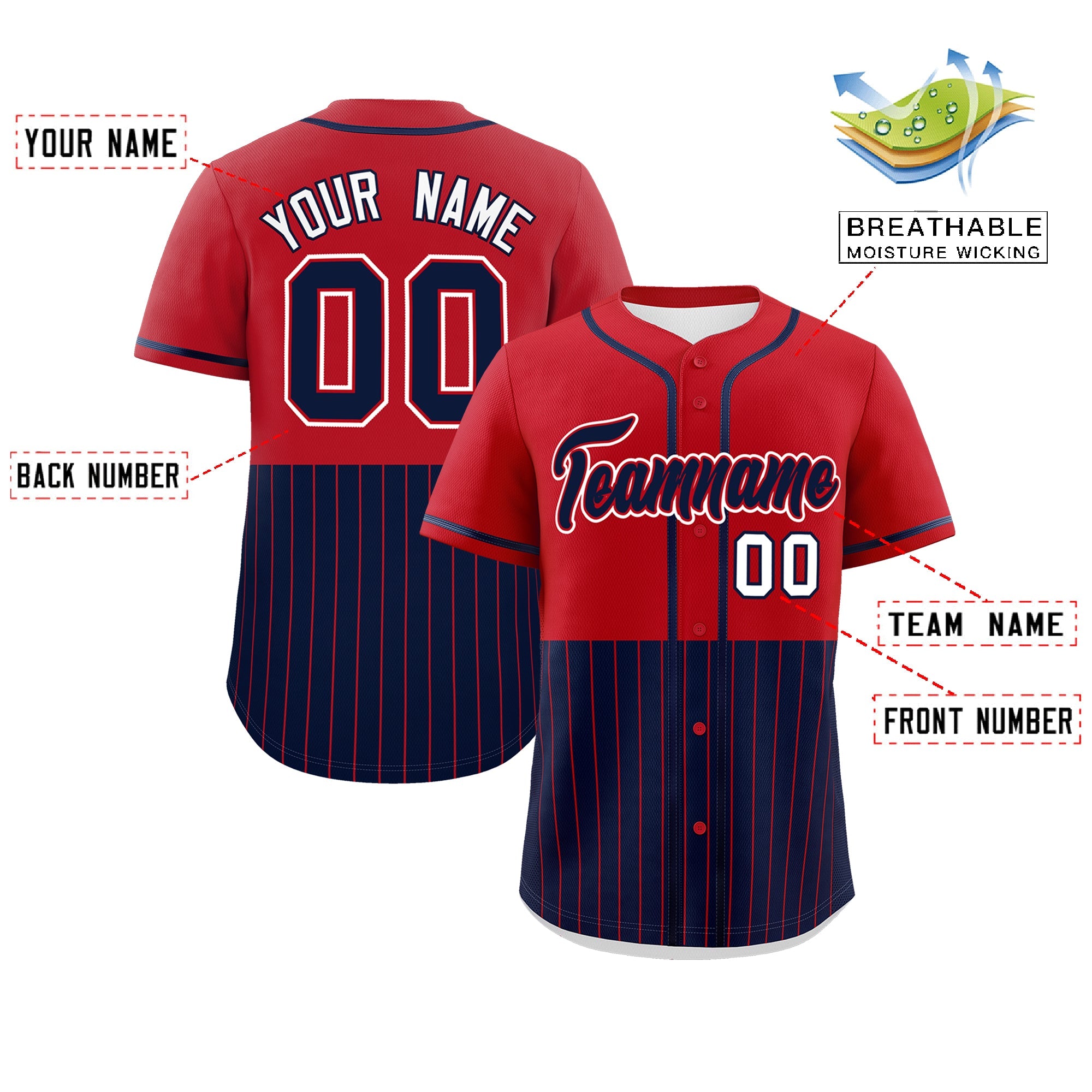 Custom Red Navy Personalized Half Stripe Design Authentic Baseball Jersey