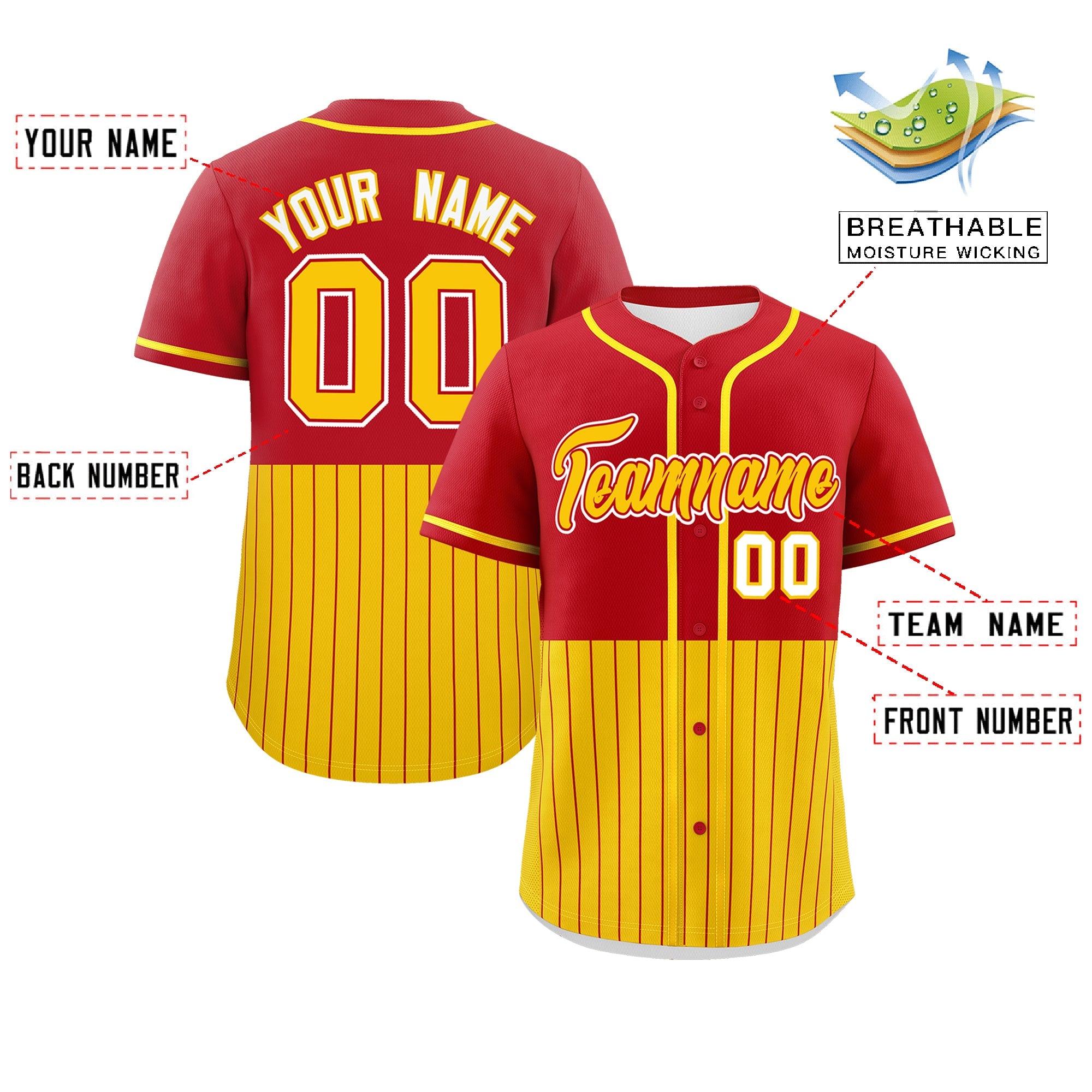 Custom Red Gold Personalized Half Stripe Design Authentic Baseball Jersey