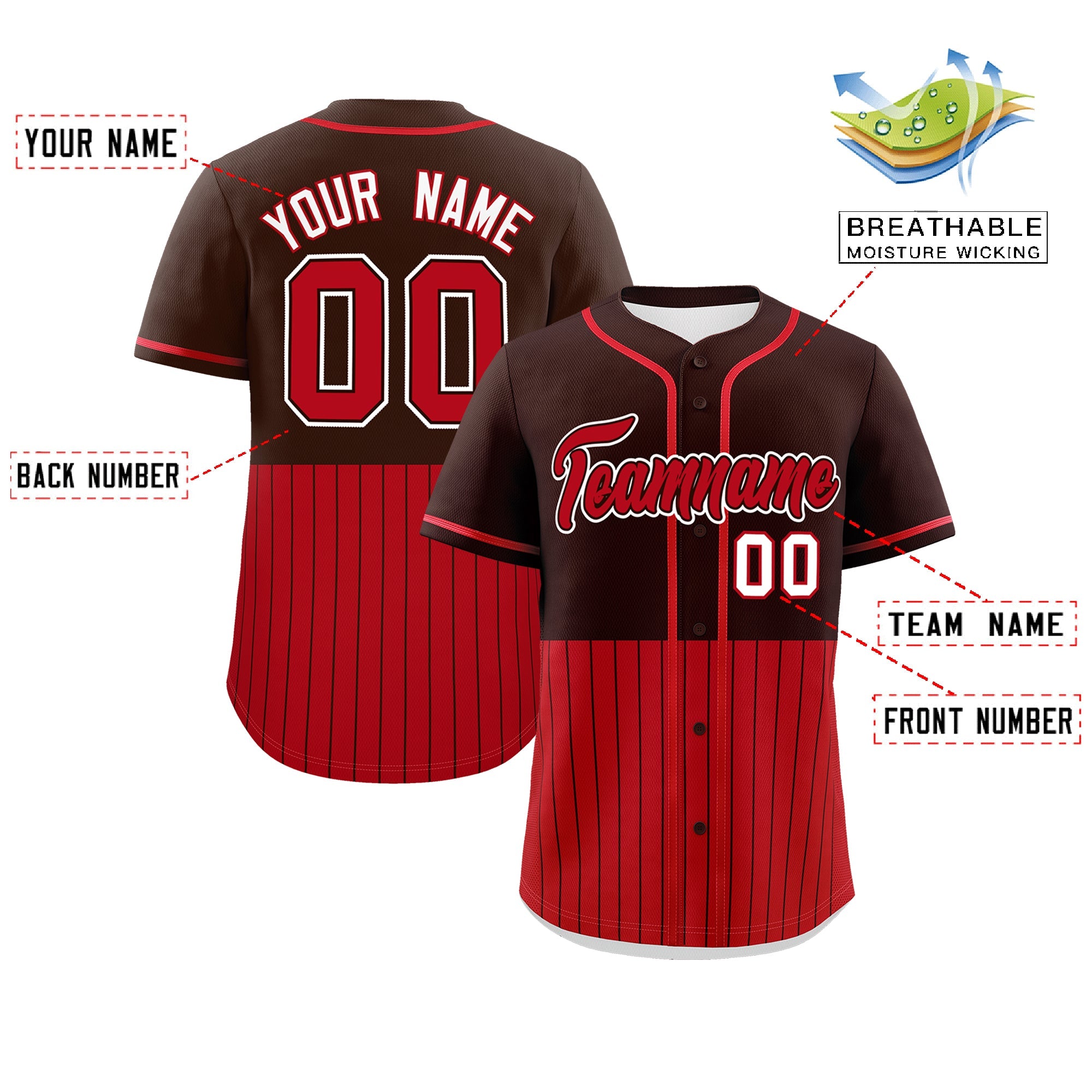 Custom Brown Red Personalized Half Stripe Design Authentic Baseball Jersey