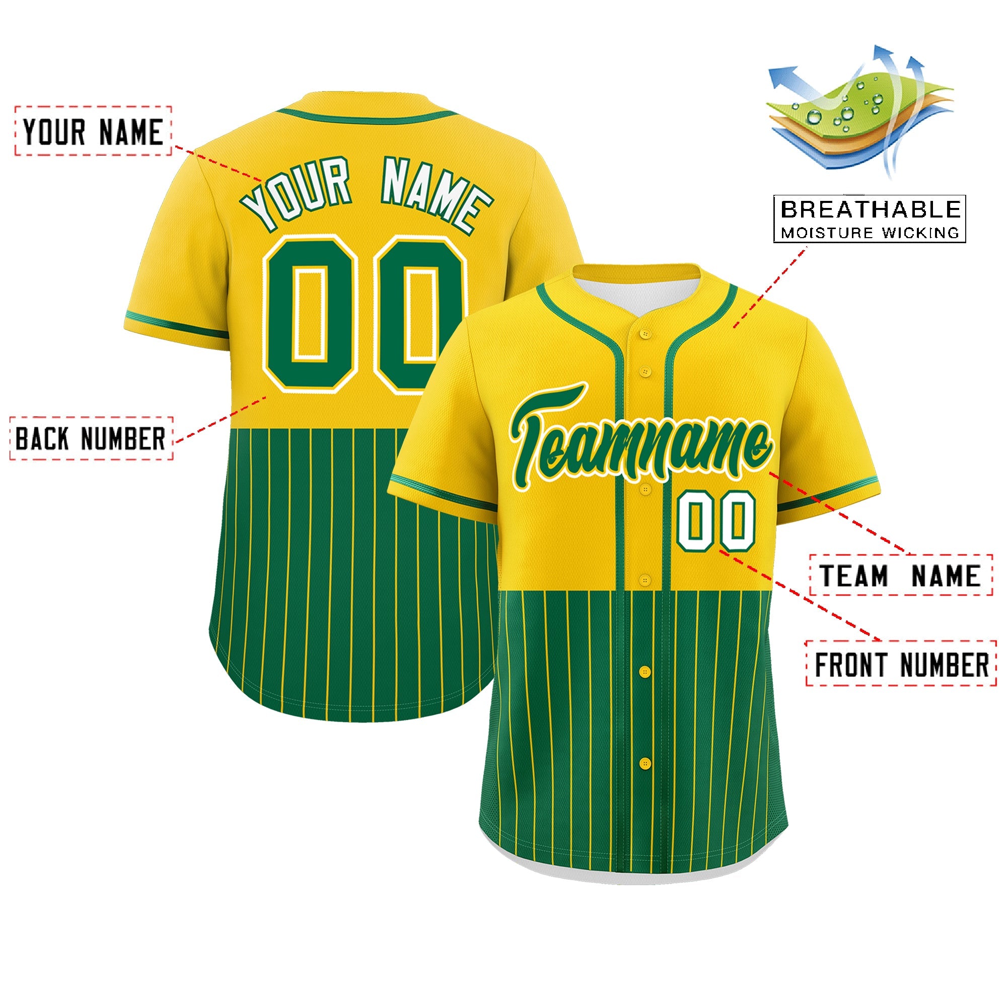 Custom Gold Kelly Green Personalized Half Stripe Design Authentic Baseball Jersey