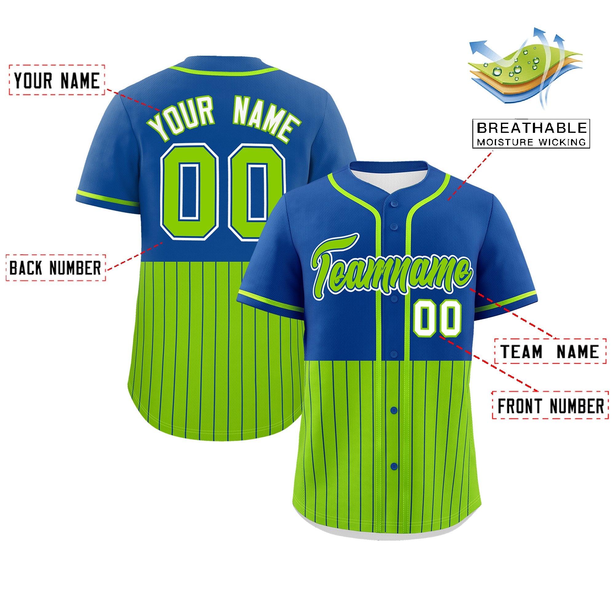 Custom Royal Neon Green Personalized Half Stripe Design Authentic Baseball Jersey