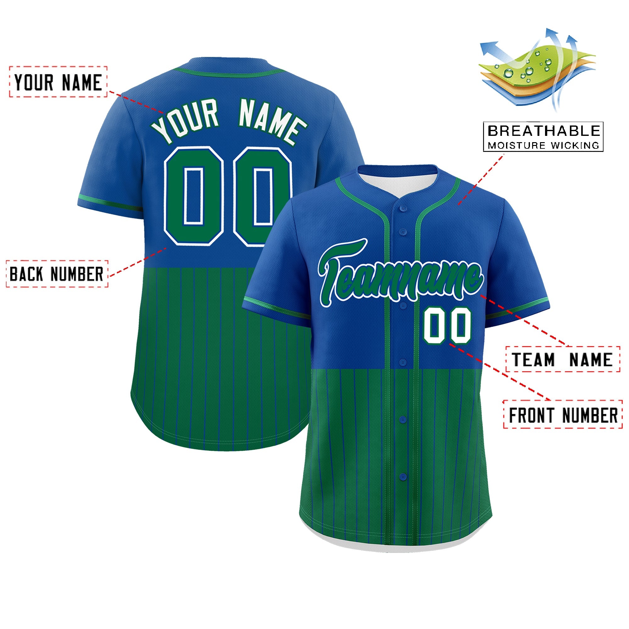 Custom Royal Kelly Green Personalized Half Stripe Design Authentic Baseball Jersey