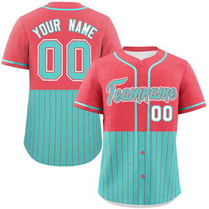 Custom Light Red Bright Green Personalized Half Stripe Design Authentic Baseball Jersey