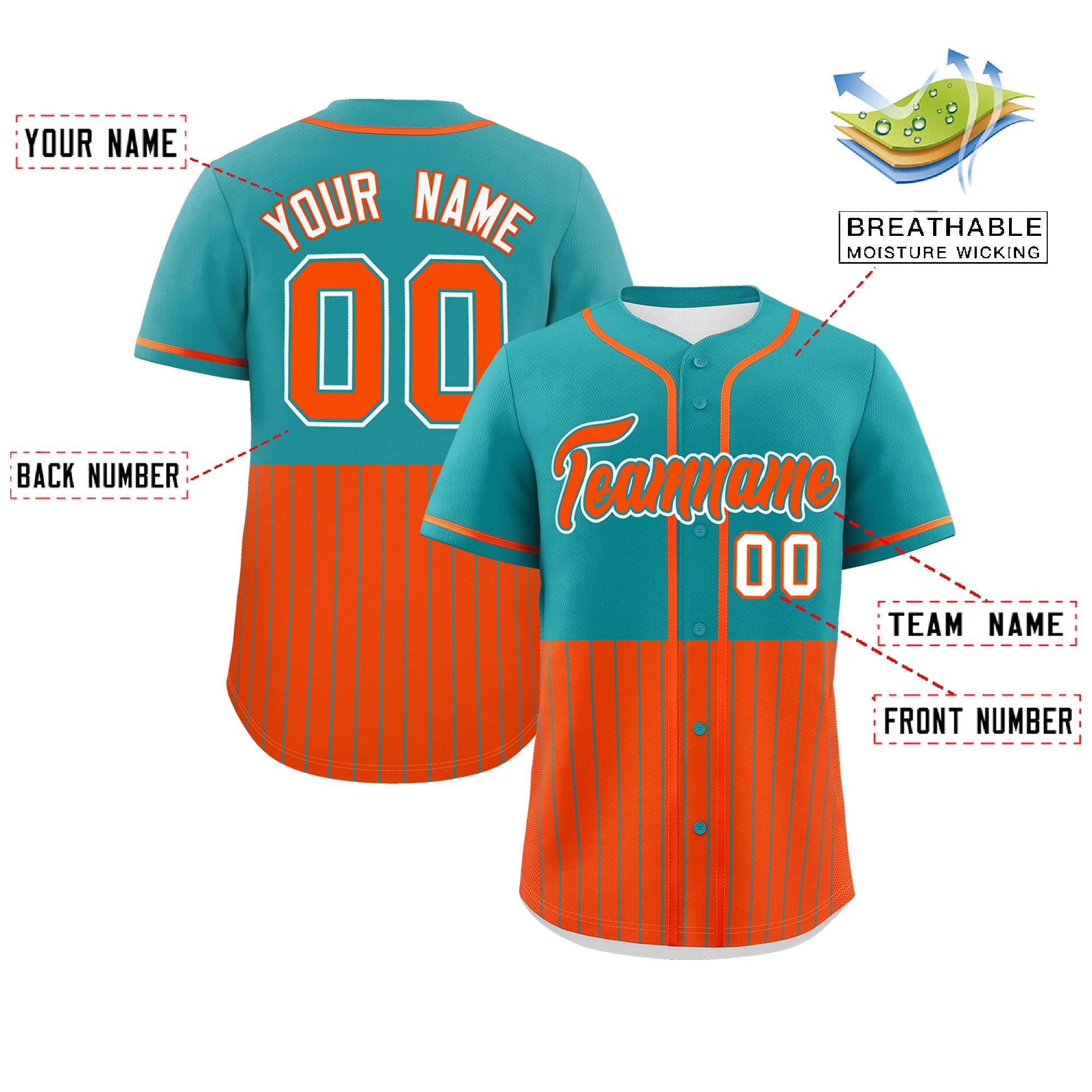 Custom Aqua Orange Personalized Half Stripe Design Authentic Baseball Jersey