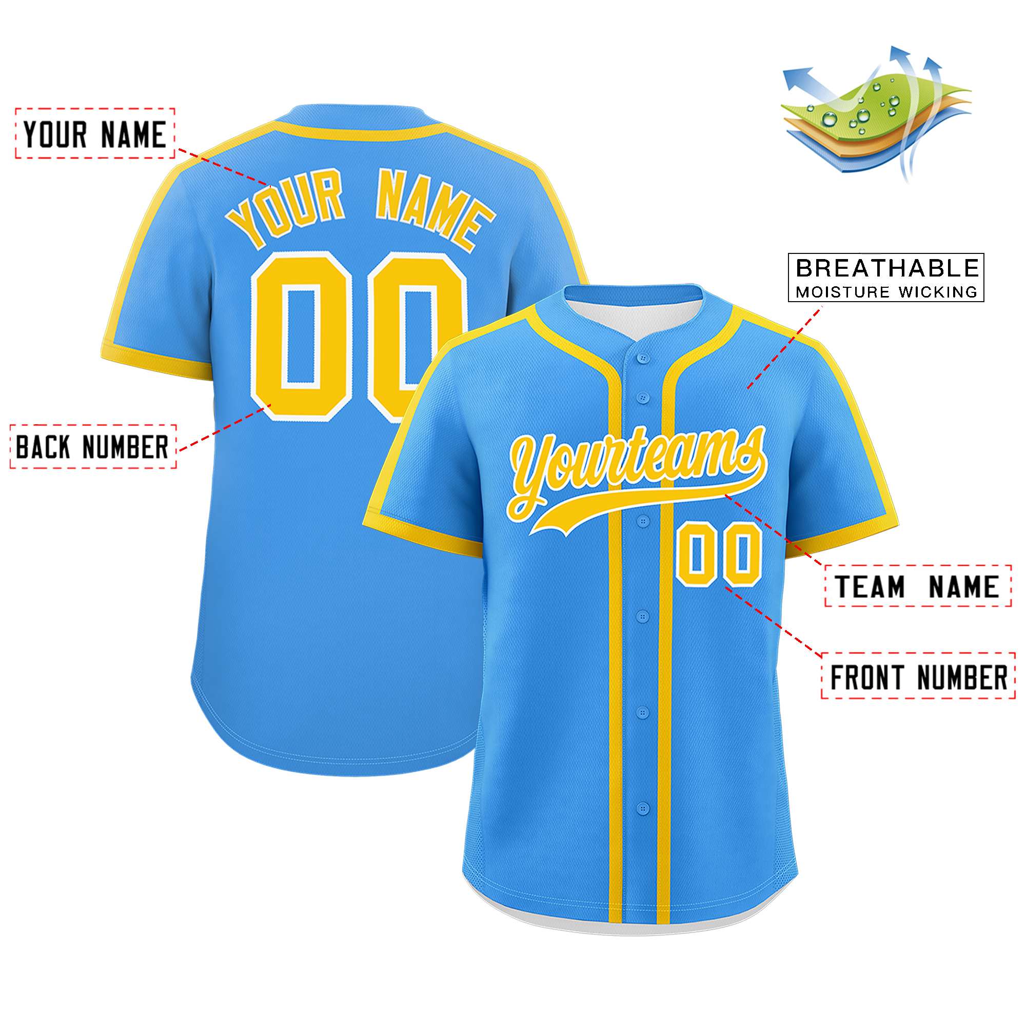 Custom Powder Blue Gold Personalized Classic Authentic Baseball Jersey