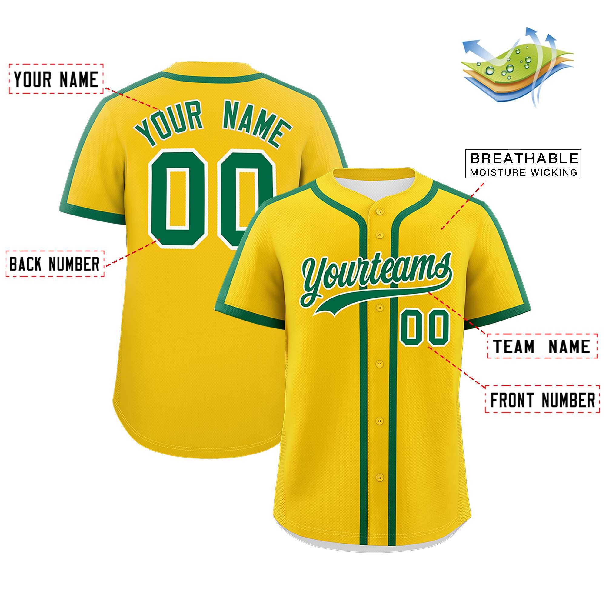 Custom Gold Kelly Green Personalized Classic Authentic Baseball Jersey