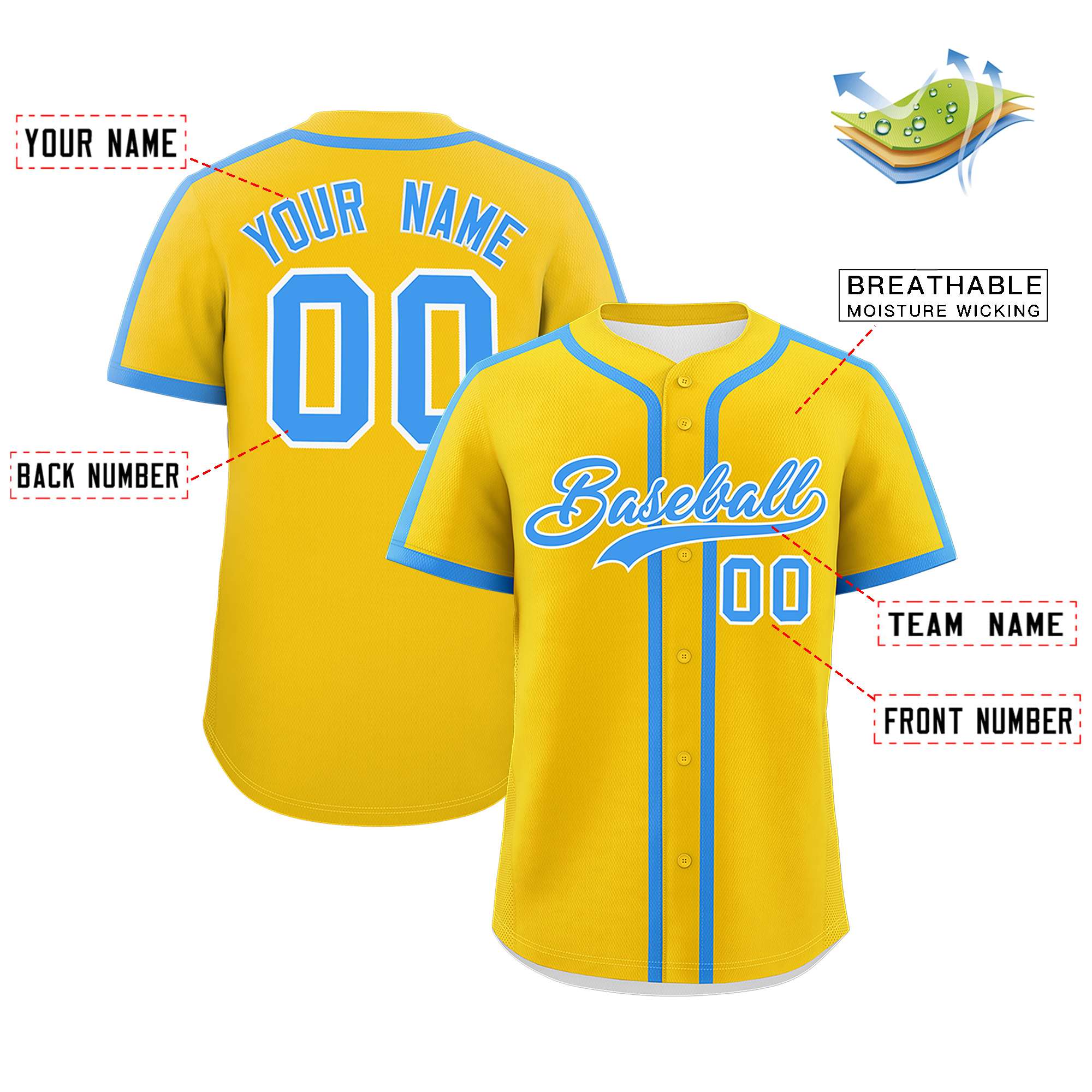 Custom Gold Powder Blue Personalized Classic Authentic Baseball Jersey