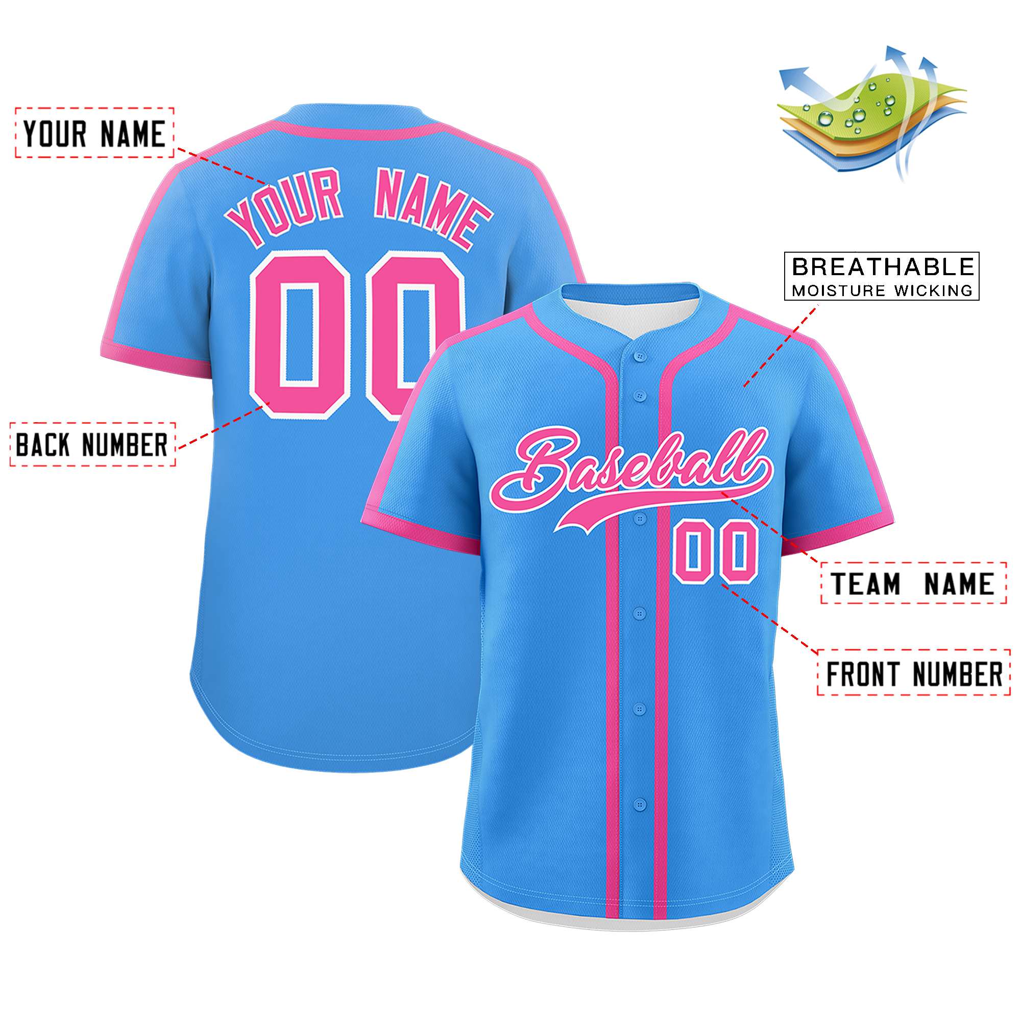 Custom Powder Blue Pink Personalized Classic Authentic Baseball Jersey