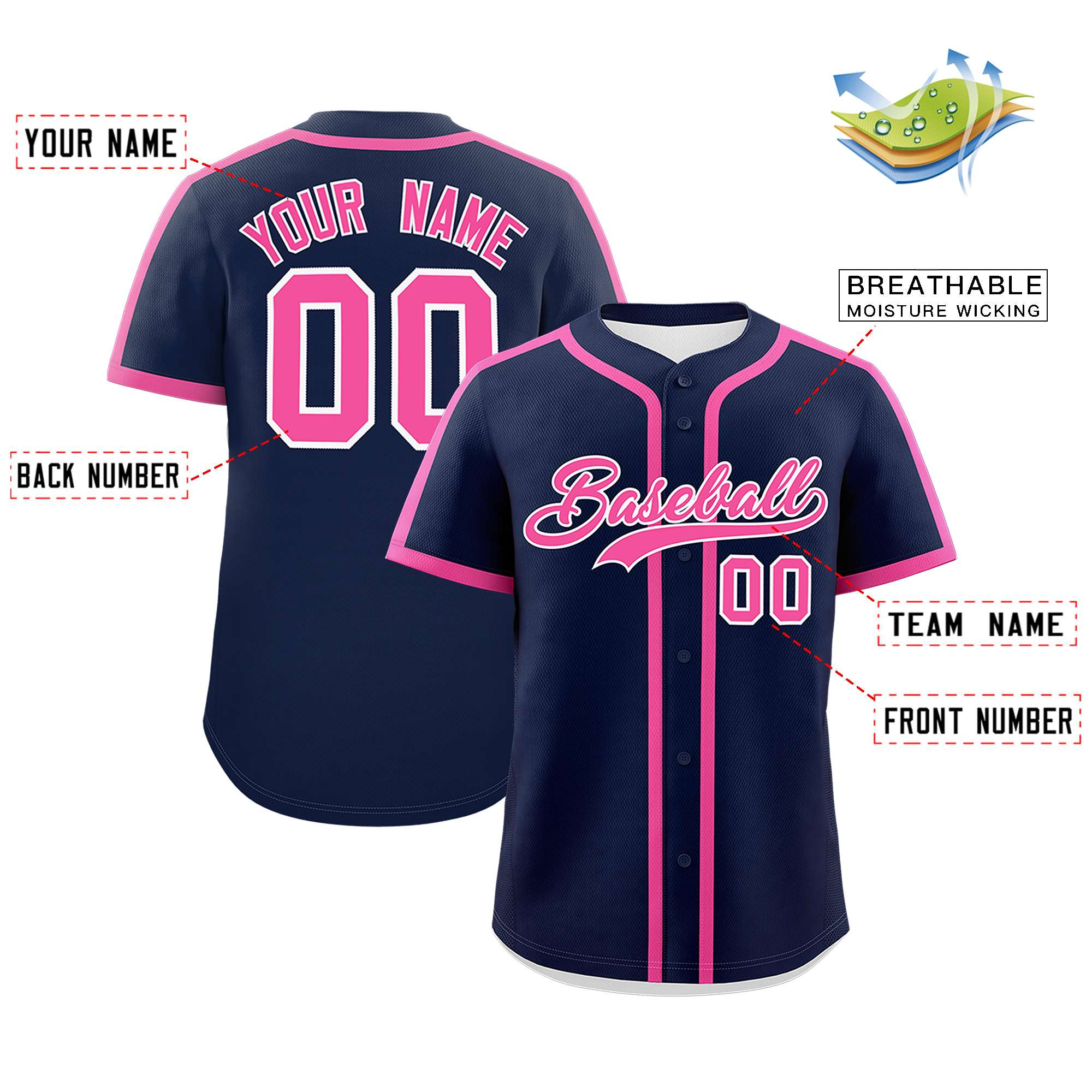 Custom Navy Pink Personalized Classic Authentic Baseball Jersey