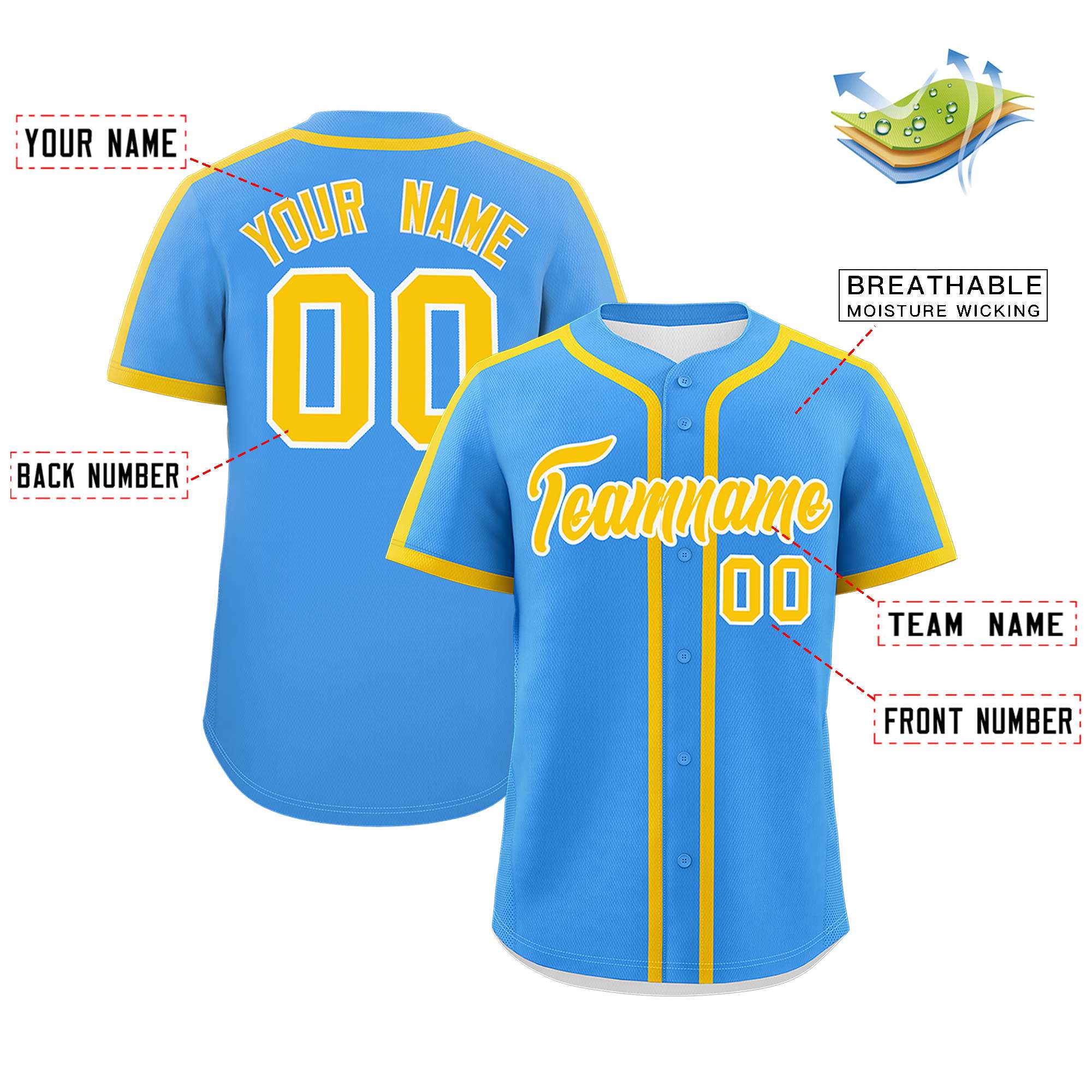 Custom Powder Blue Gold Personalized Classic Authentic Baseball Jersey