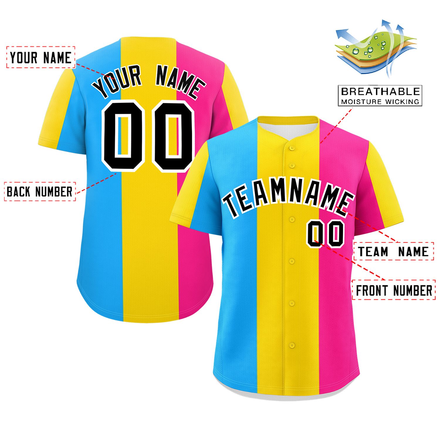 Custom Pink Gold-Powder Blue Pansexuality For Pride Month Color Block Authentic Baseball Jersey