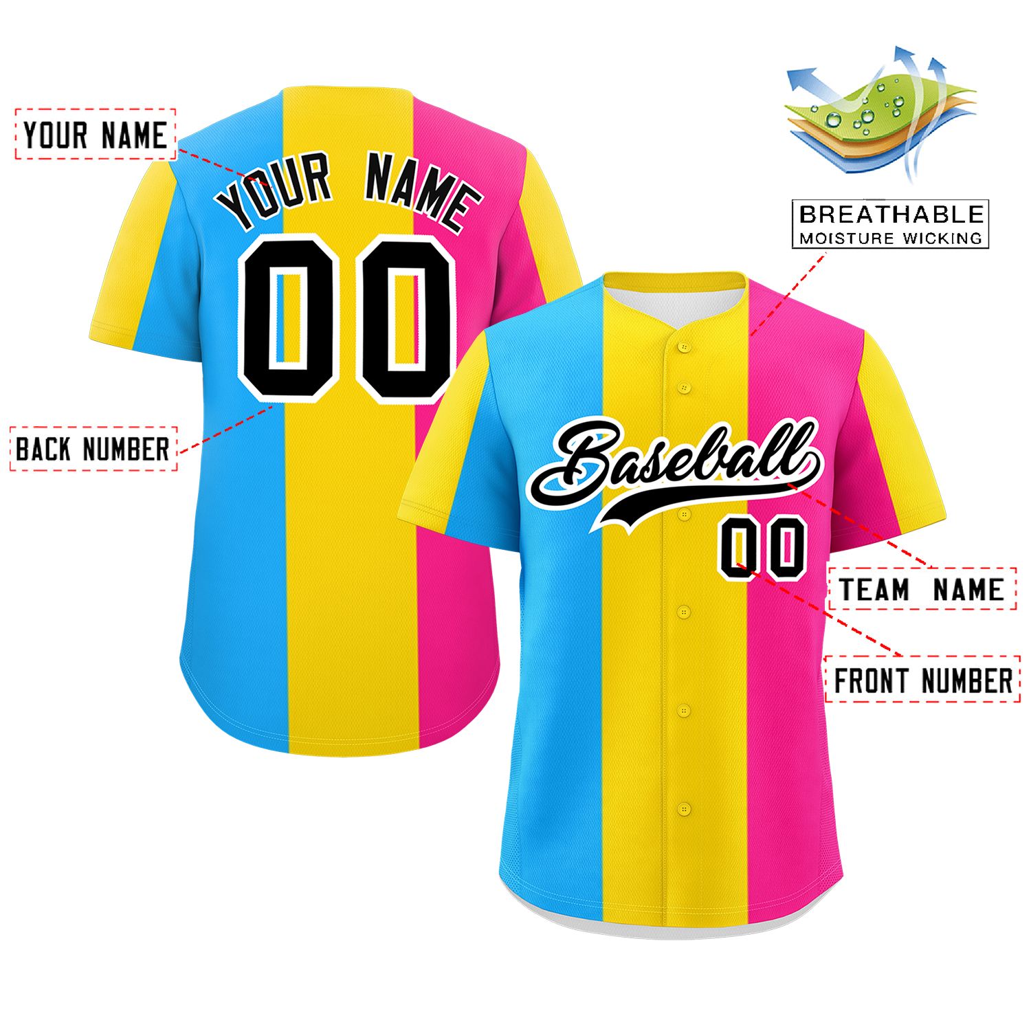 Custom Pink Gold-Powder Blue Pansexuality For Pride Month Color Block Authentic Baseball Jersey