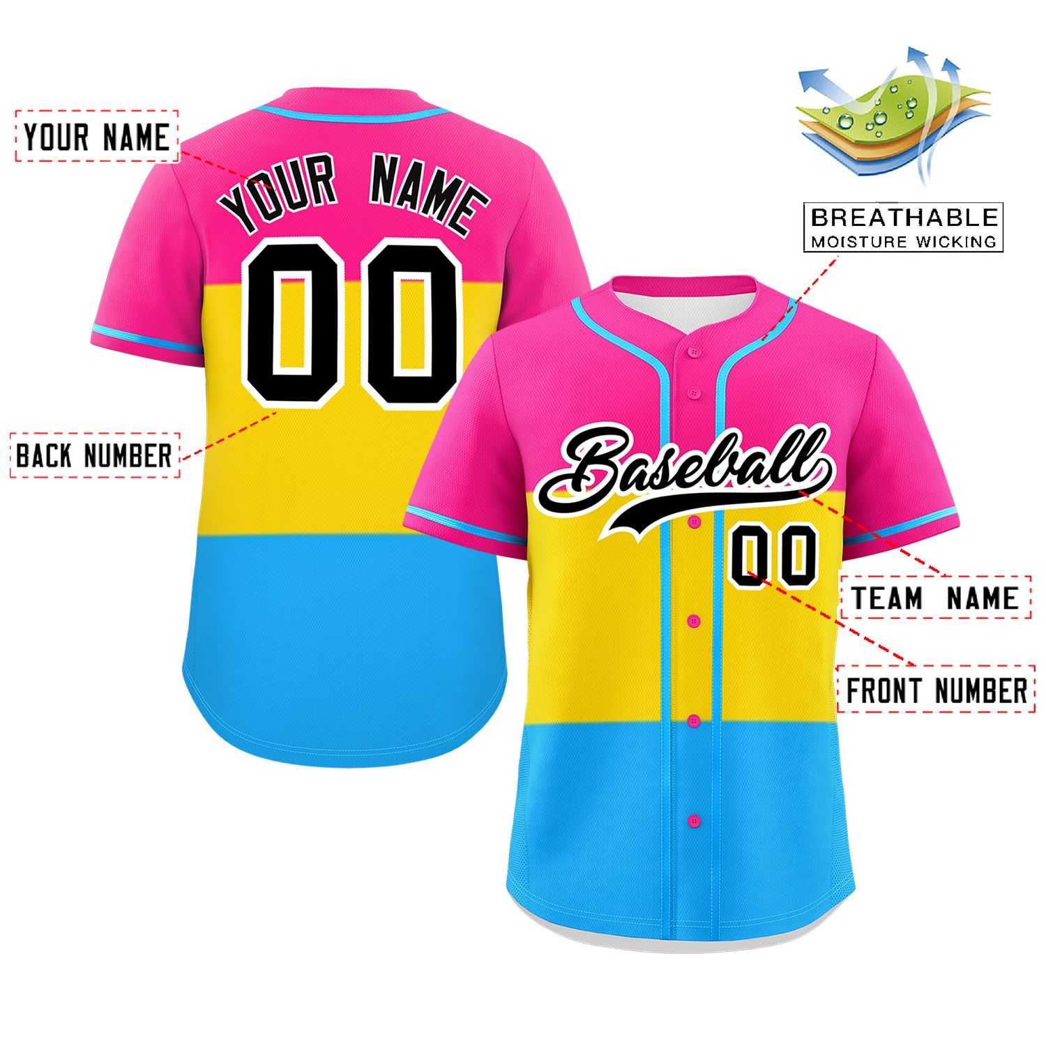 Custom Pink Gold-Powder Blue Pansexuality For Pride Month Color Block Authentic Baseball Jersey