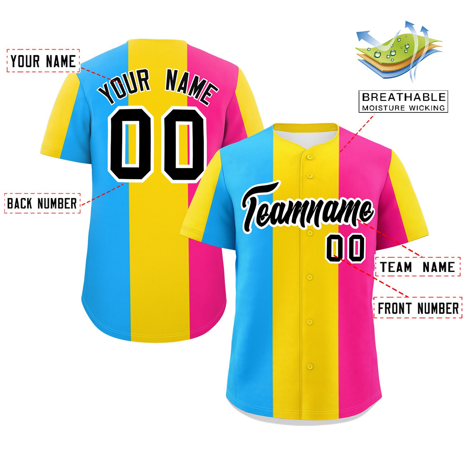 Custom Pink Gold-Powder Blue Pansexuality For Pride Month Color Block Authentic Baseball Jersey