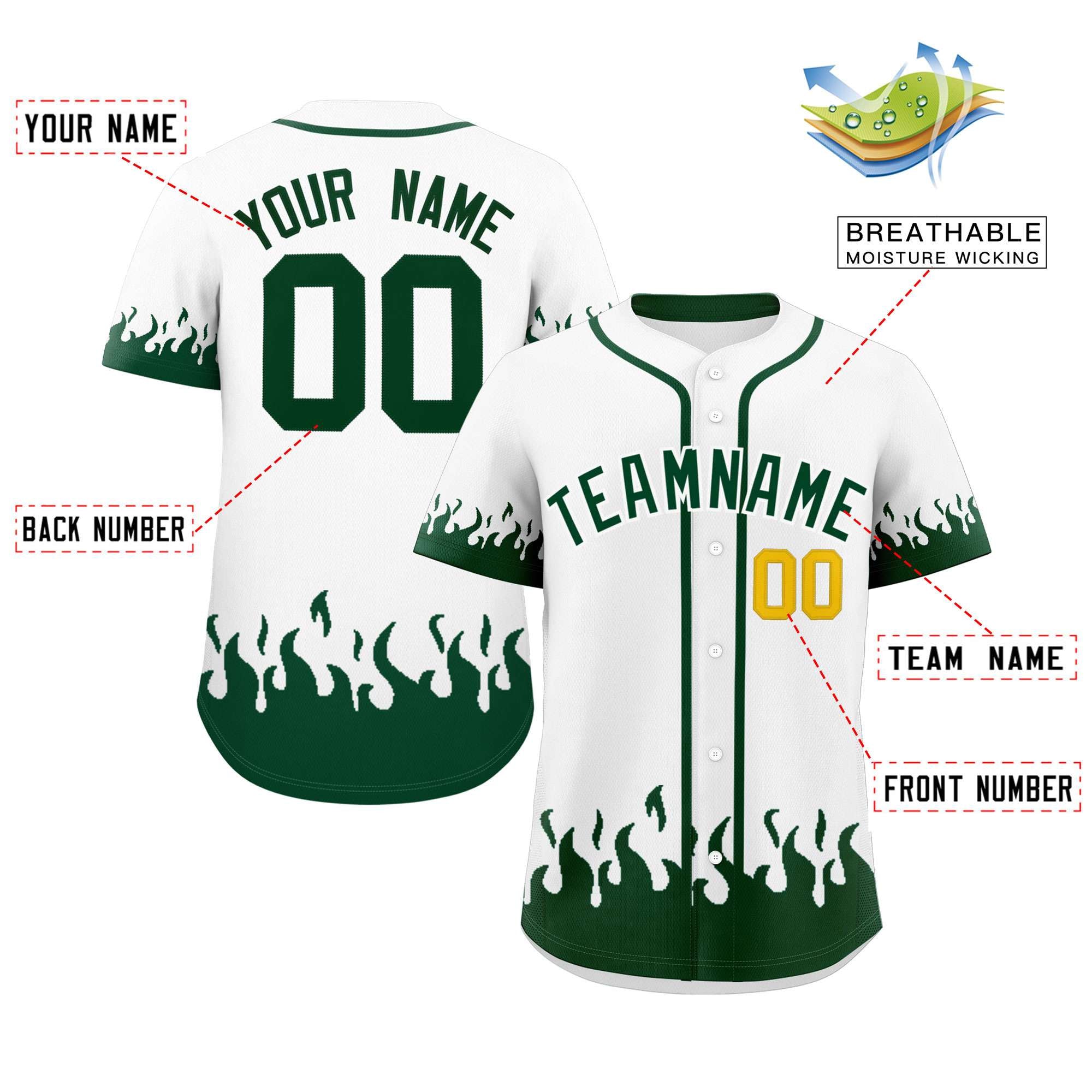 Custom White Green Personalized Flame Graffiti Pattern Authentic Baseball Jersey