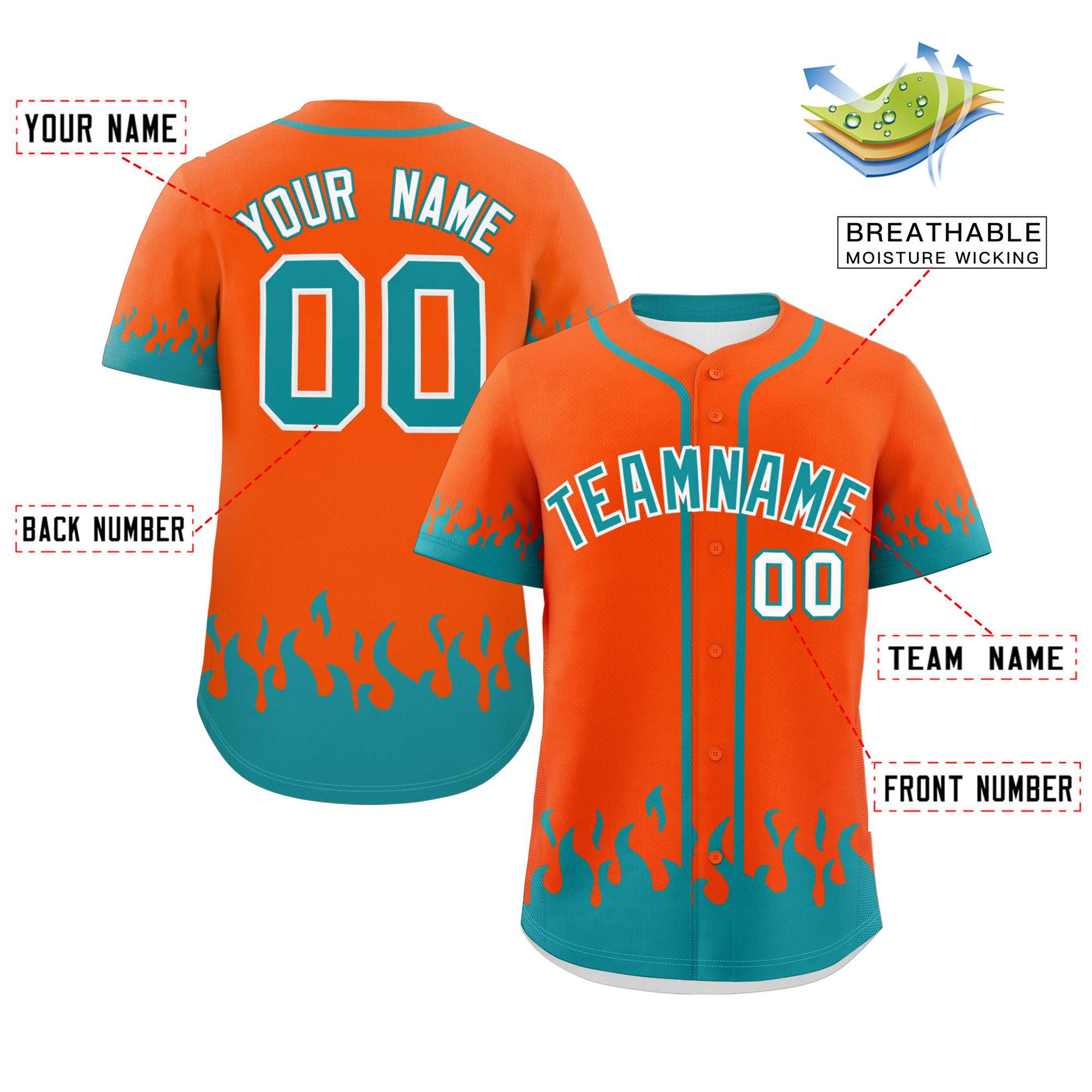 Custom Orange Aqua Personalized Flame Graffiti Pattern Authentic Baseball Jersey