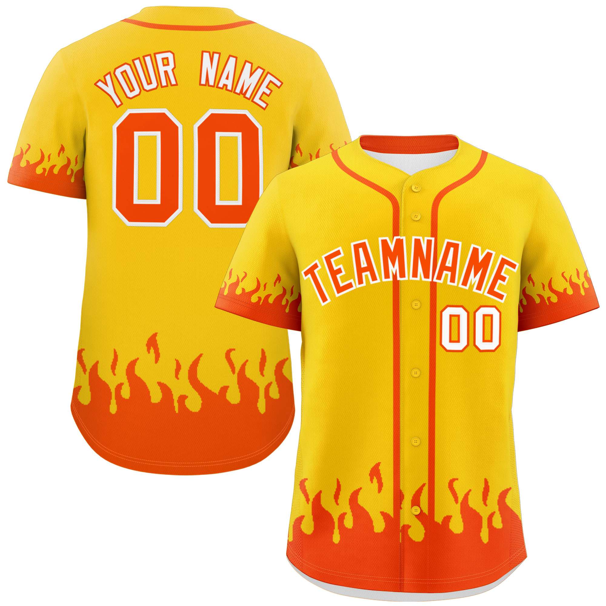 Custom Gold Orange Personalized Flame Graffiti Pattern Authentic Baseball Jersey