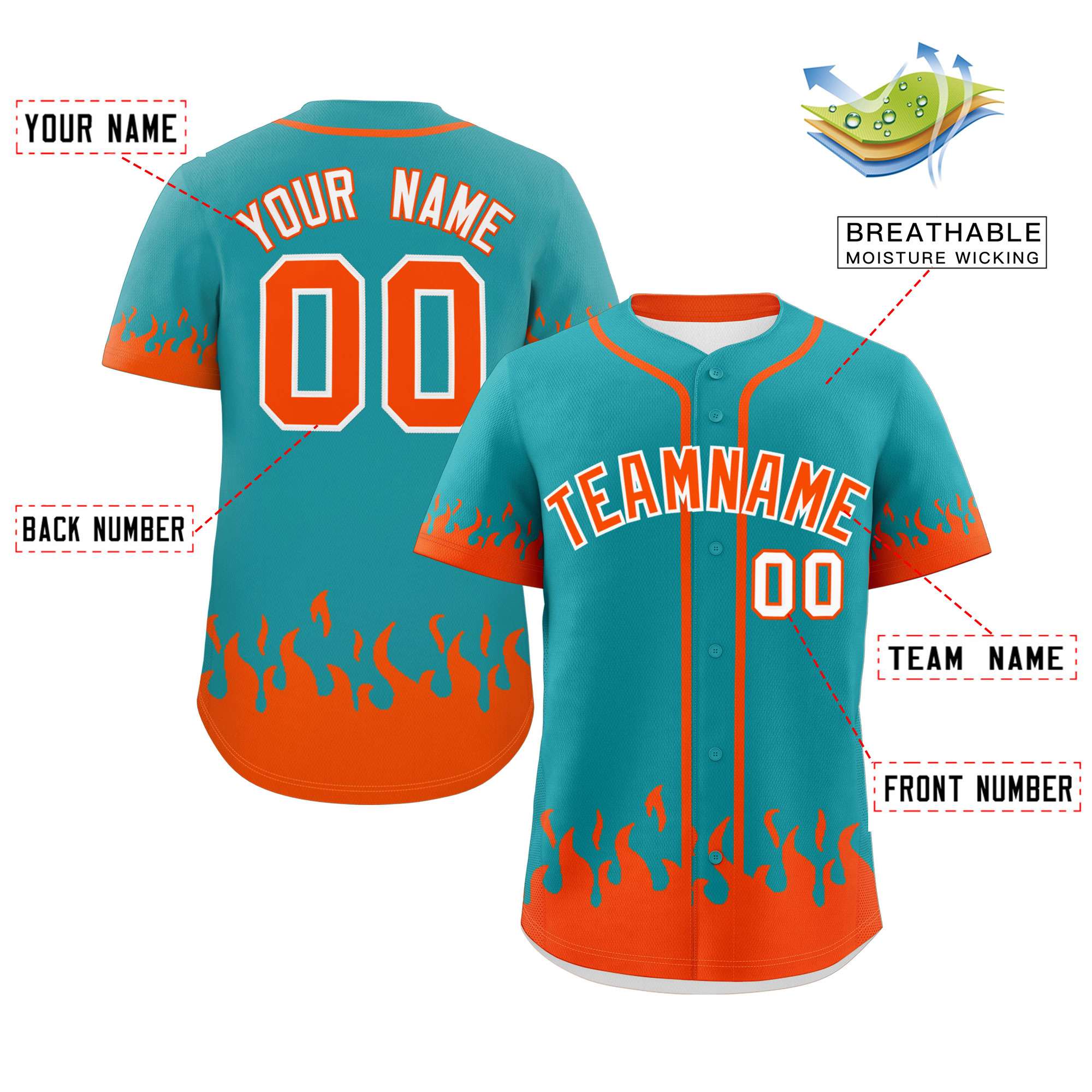 Custom Aqua Orange Personalized Flame Graffiti Pattern Authentic Baseball Jersey