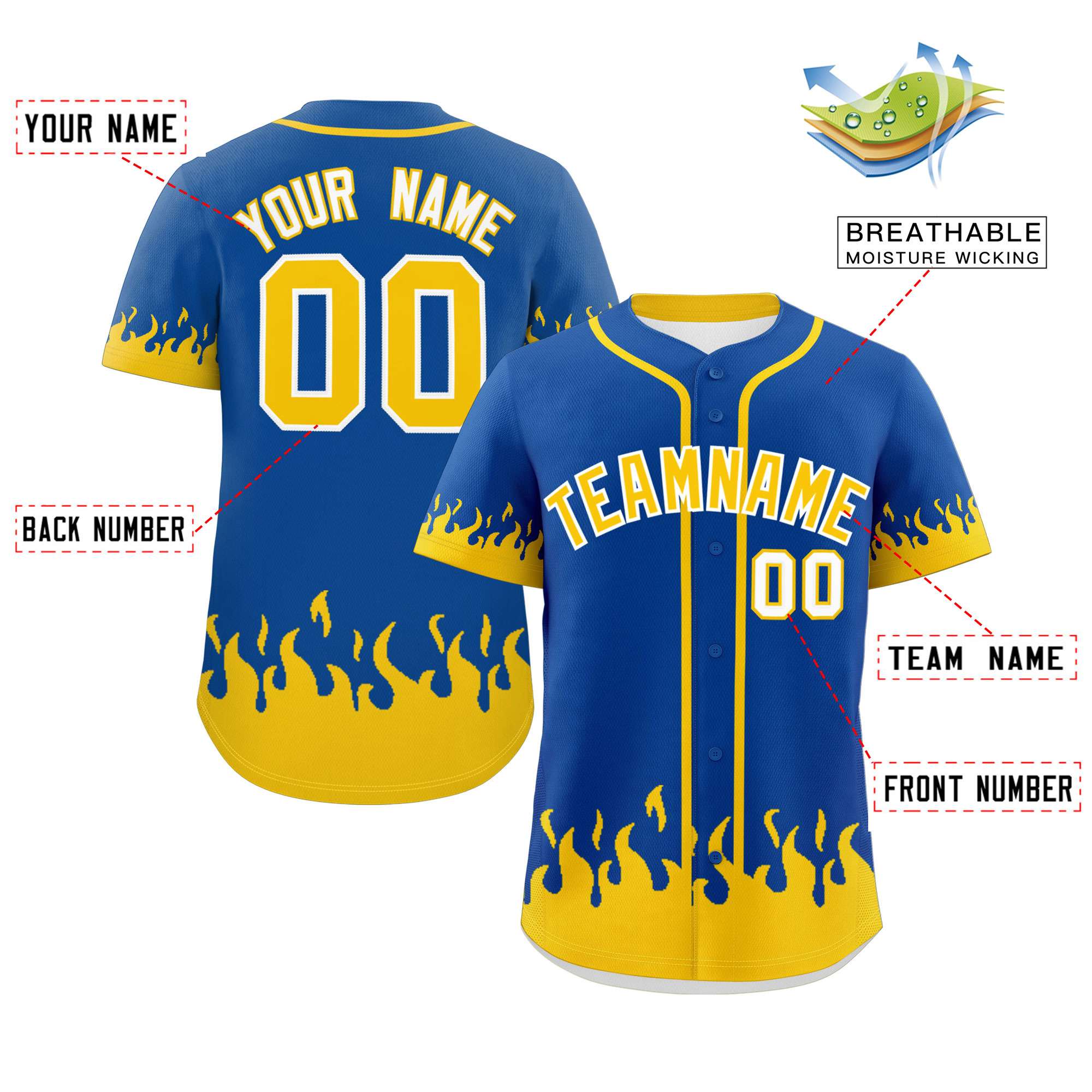 Custom Royal Gold Personalized Flame Graffiti Pattern Authentic Baseball Jersey