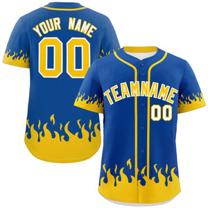 Custom Royal Gold Personalized Flame Graffiti Pattern Authentic Baseball Jersey