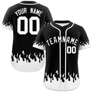 Custom Black White Personalized Flame Graffiti Pattern Authentic Baseball Jersey