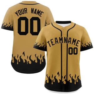 Custom Old Gold Black Personalized Flame Graffiti Pattern Authentic Baseball Jersey