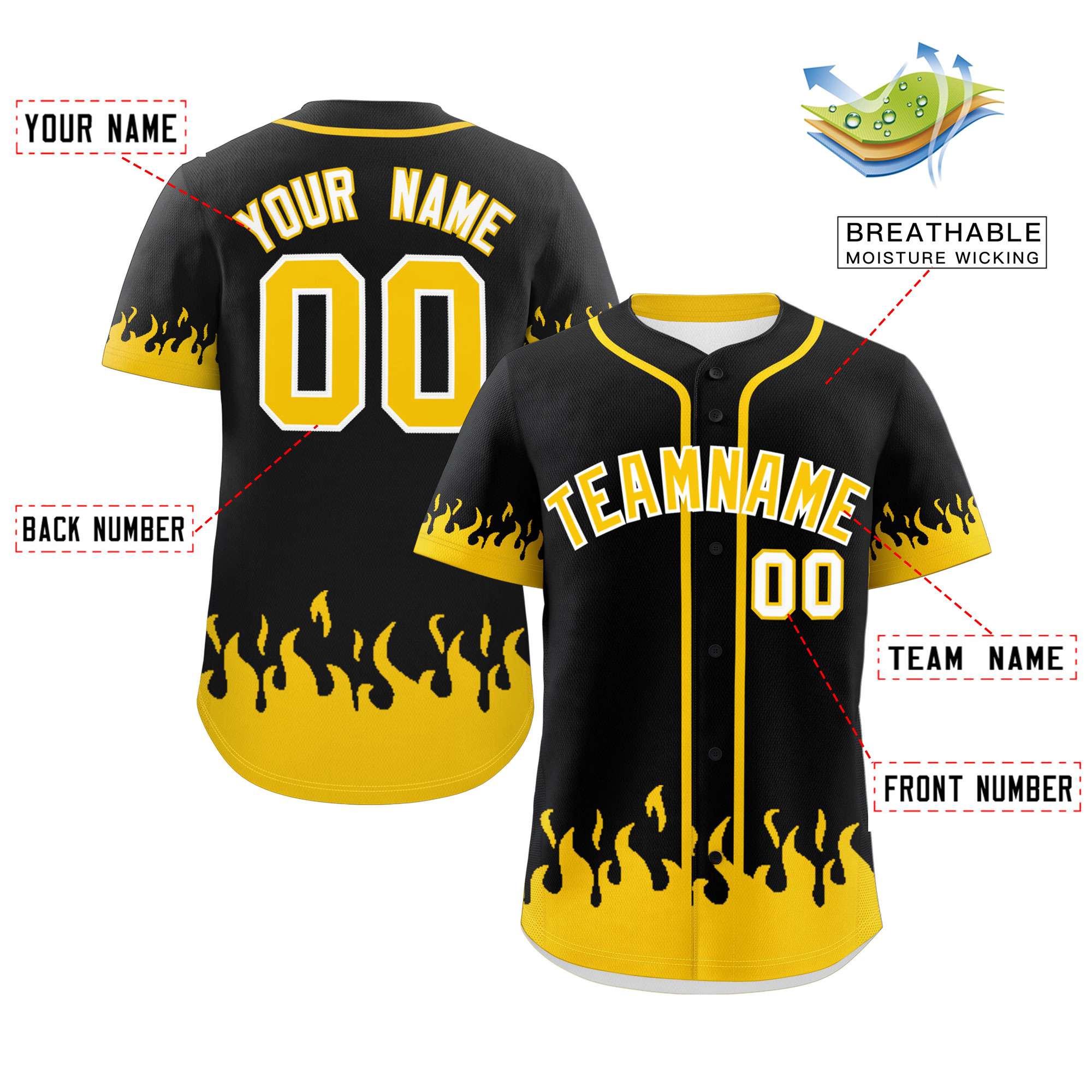 Custom Black Gold Personalized Flame Graffiti Pattern Authentic Baseball Jersey