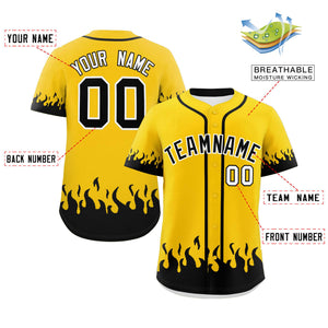 Custom Gold Black Personalized Flame Graffiti Pattern Authentic Baseball Jersey