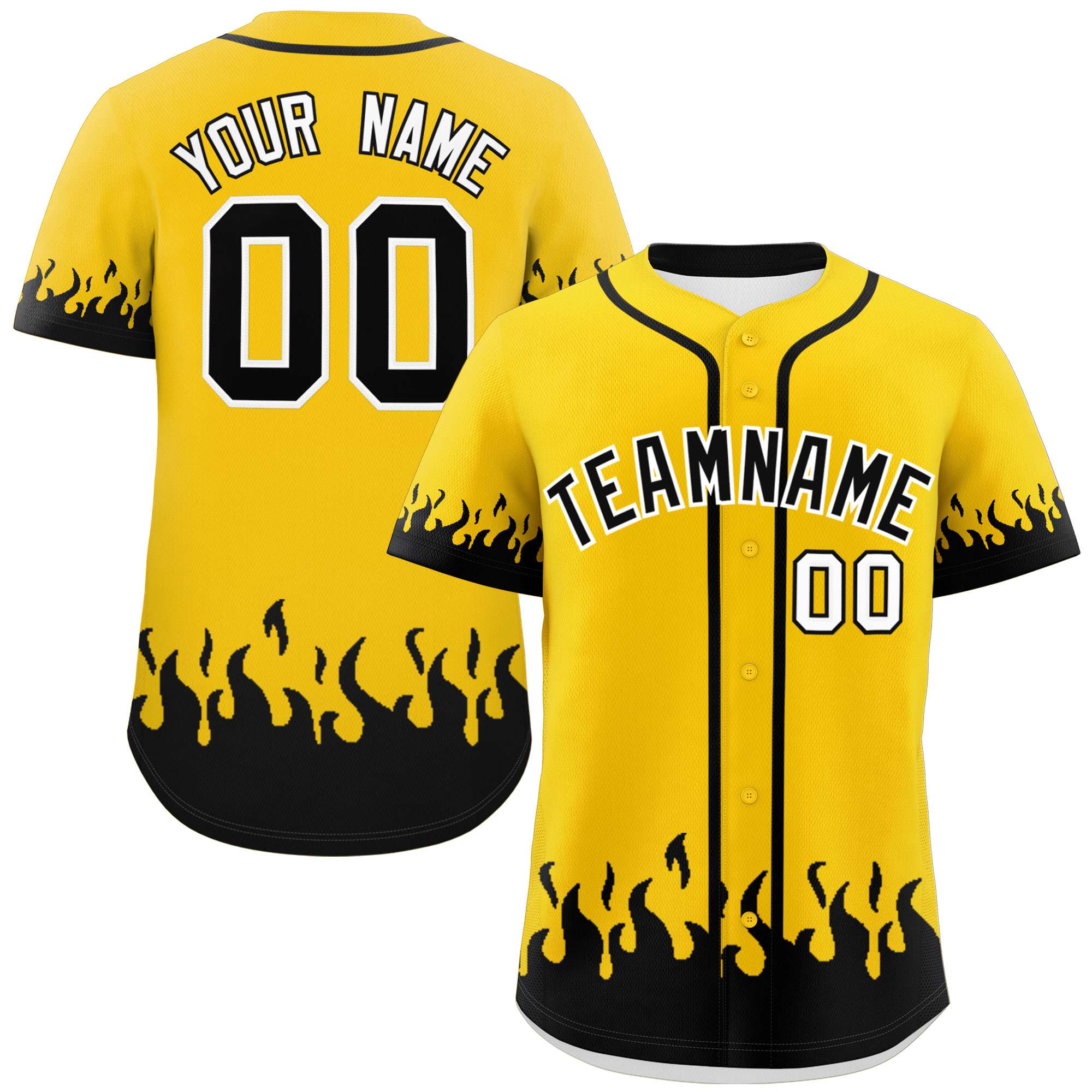 Custom Gold Black Personalized Flame Graffiti Pattern Authentic Baseball Jersey