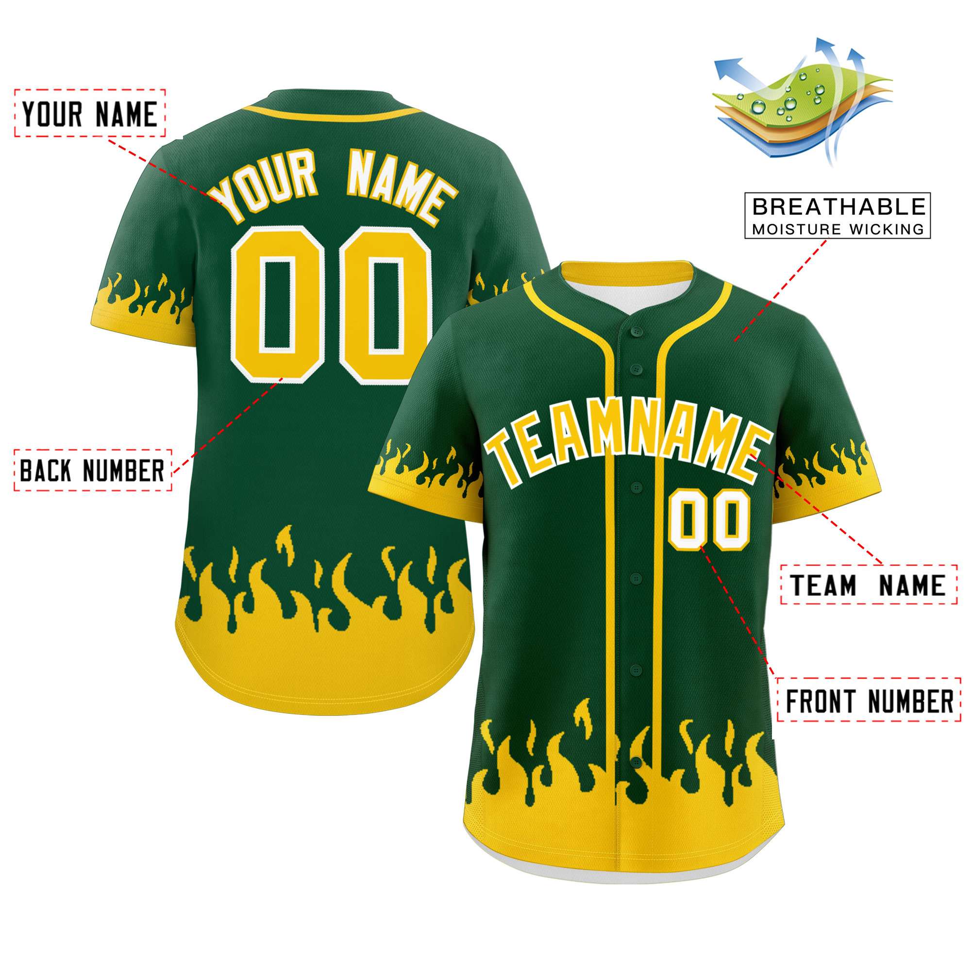 Custom Green Gold Personalized Flame Graffiti Pattern Authentic Baseball Jersey